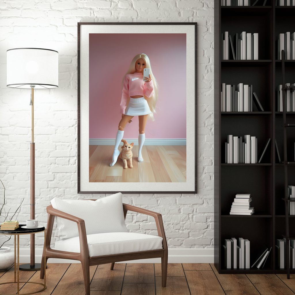 Barbiecore Chic: Pink Aesthetic Doll & Cat Poster for Playful Modern Decor, available in multiple sizes