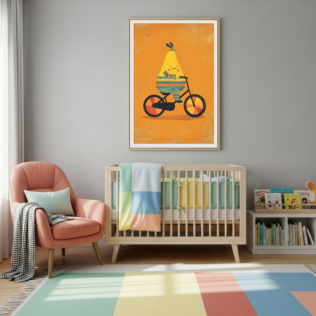Charming Pear on Bicycle Art Poster - Whimsical Fruit Cycling Print for Kids & Home Decor