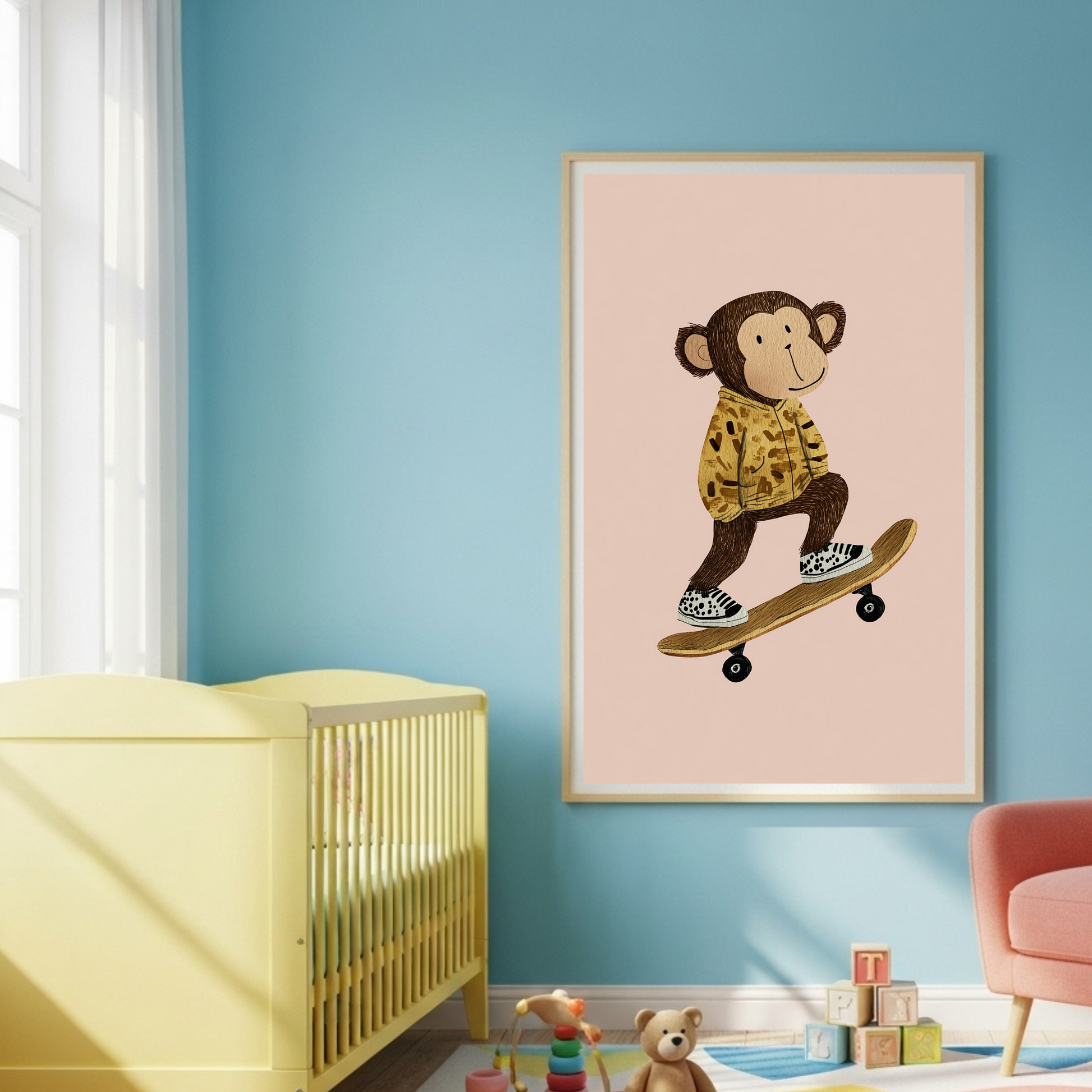 Chic Skater Monkey Poster for Kids: Whimsical Wall Art in Diverse Sizes