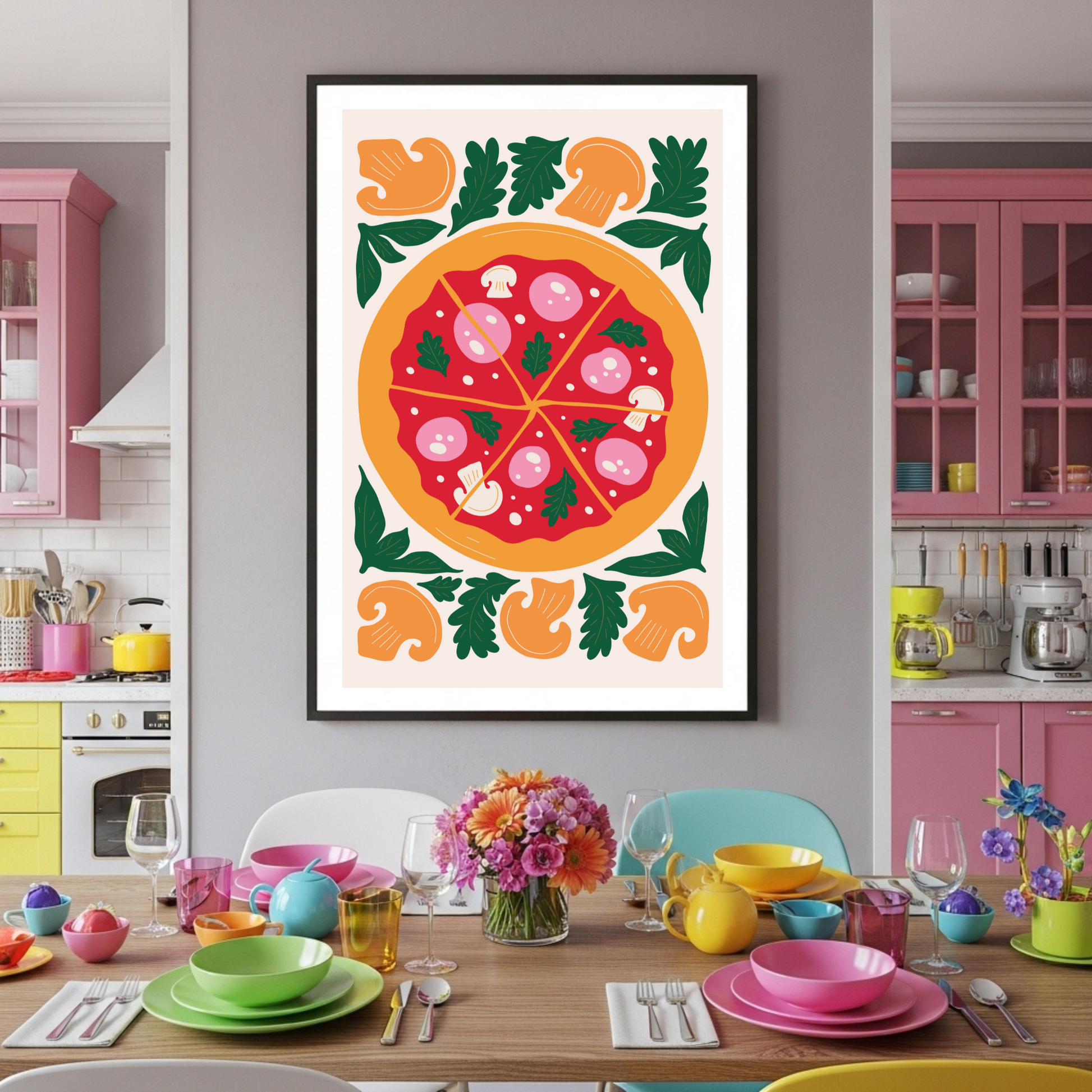 Abstract Pizza Delight Poster: Whimsical Art Print with Bold Colors & Playful Design