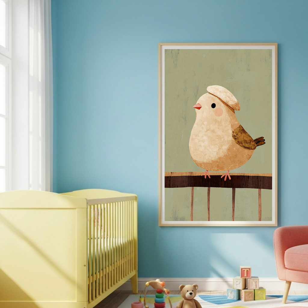 Charming Beret Birdie Poster - Whimsical Avian Art for Cozy Spaces, in Your Choice of Sizes