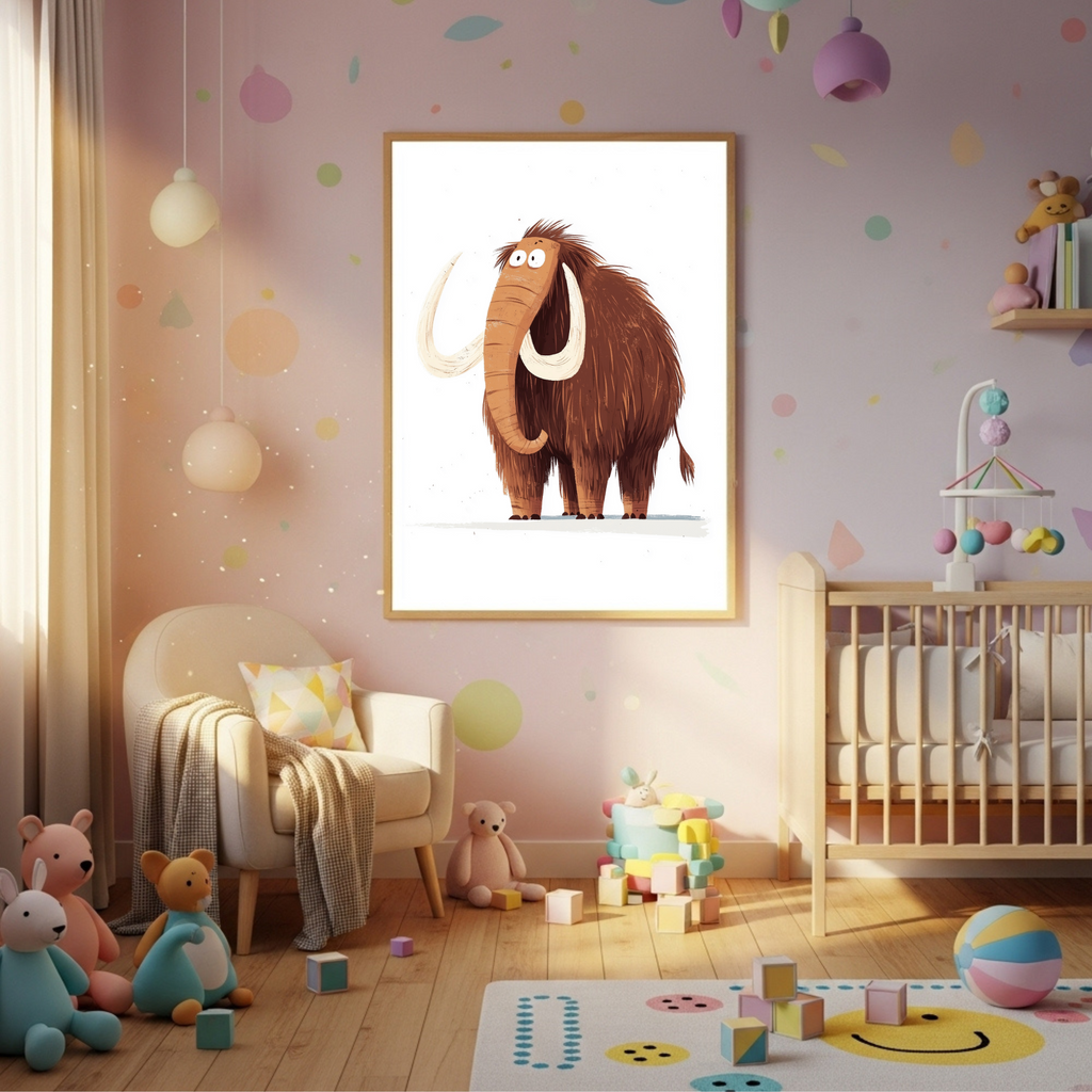 Charming Cartoon Mammoth Poster - Playful Prehistoric Art in Various Sizes