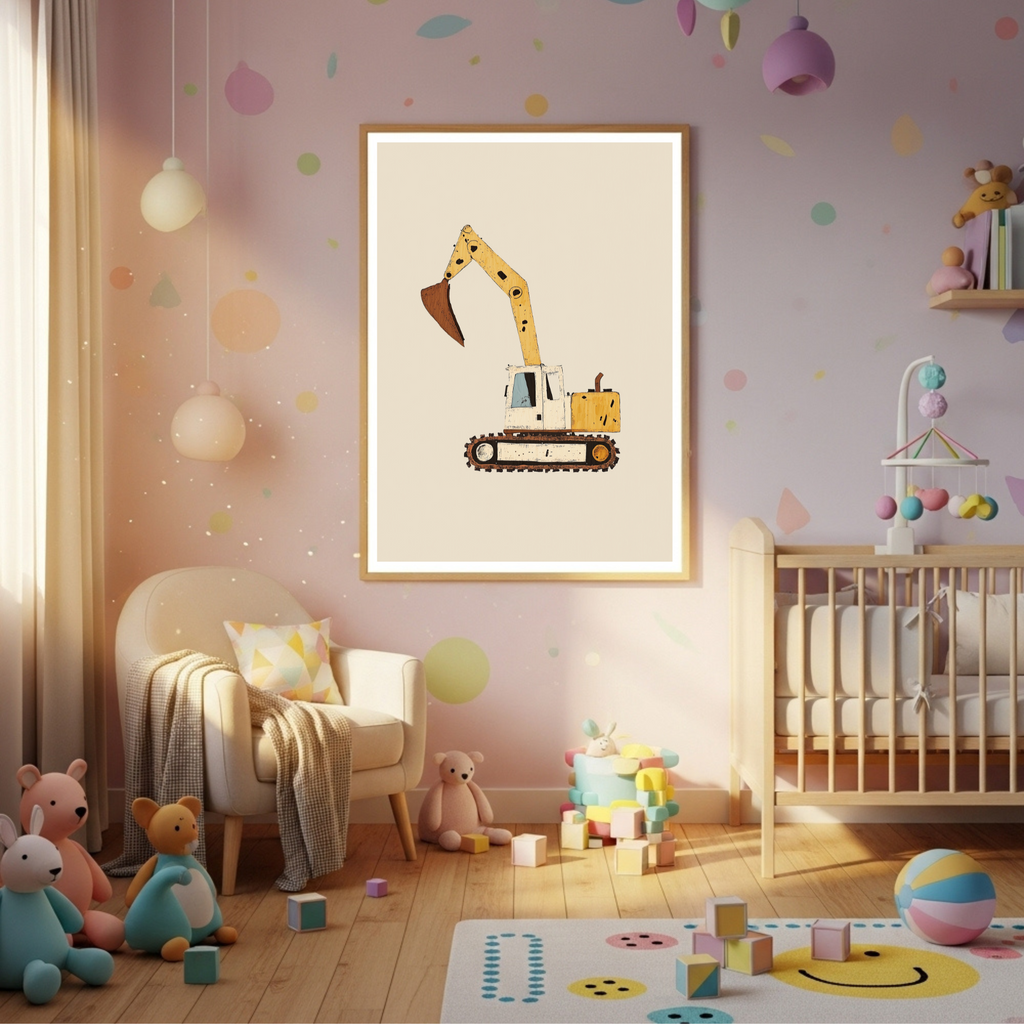 Charming Construction Digger Poster - Earth-Tone Excavator Art Print for Kids & Enthusiasts