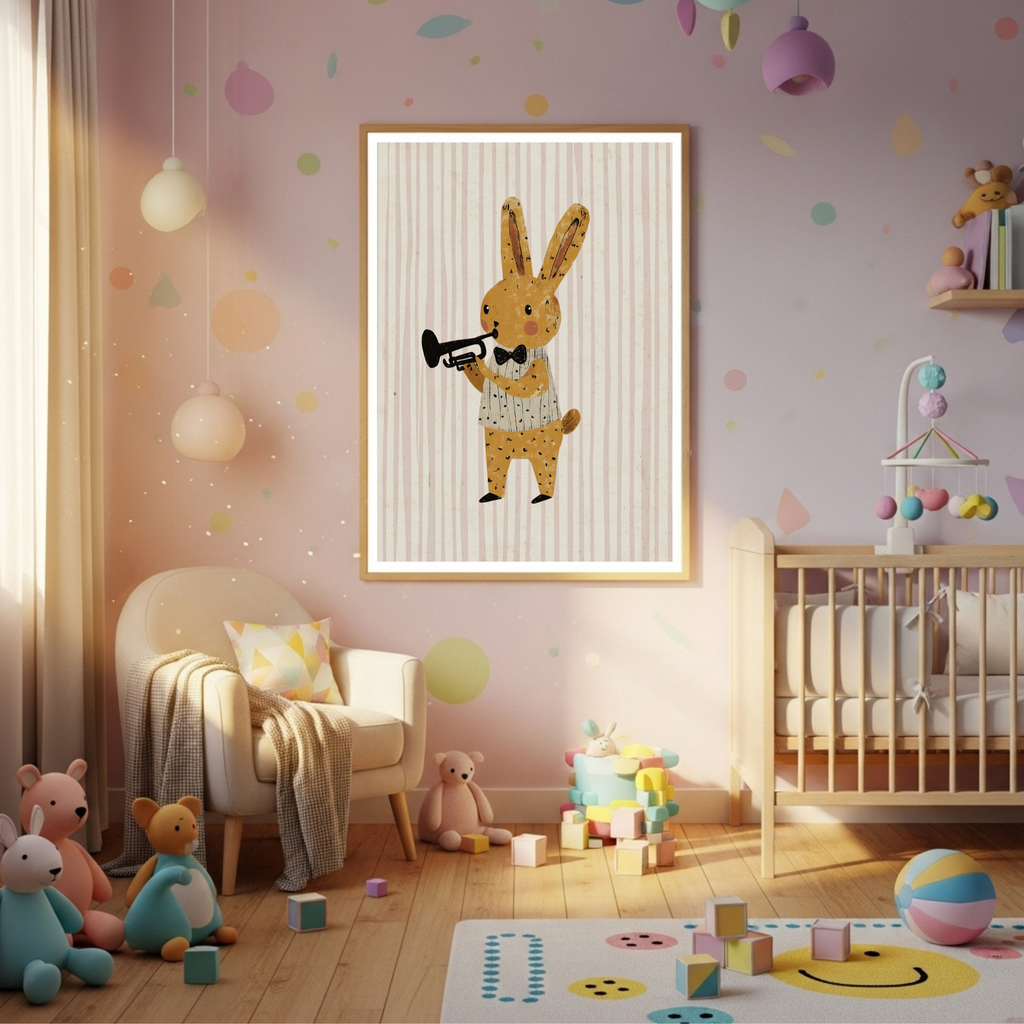 Charming Bunny Trumpeter Poster - Playful Nursery Wall Art in Various Sizes