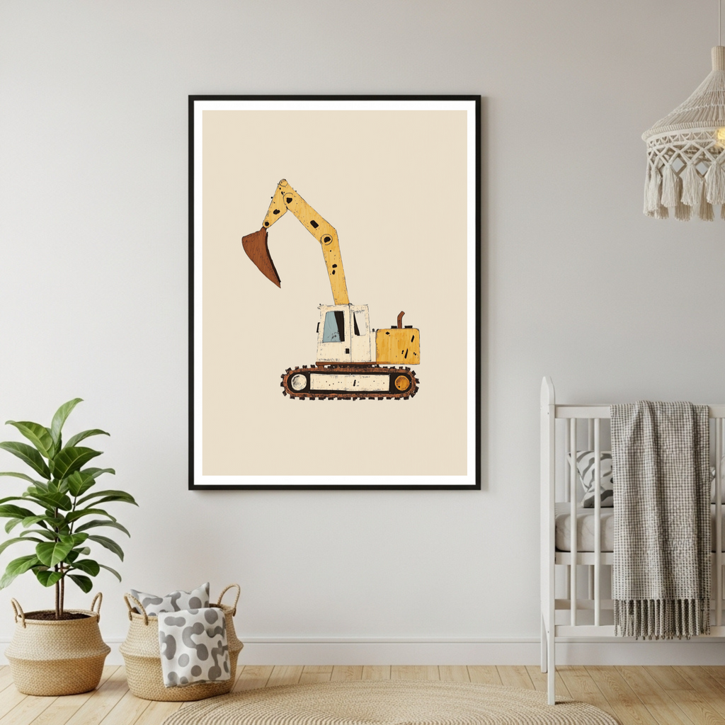 Charming Construction Digger Poster - Earth-Tone Excavator Art Print for Kids & Enthusiasts