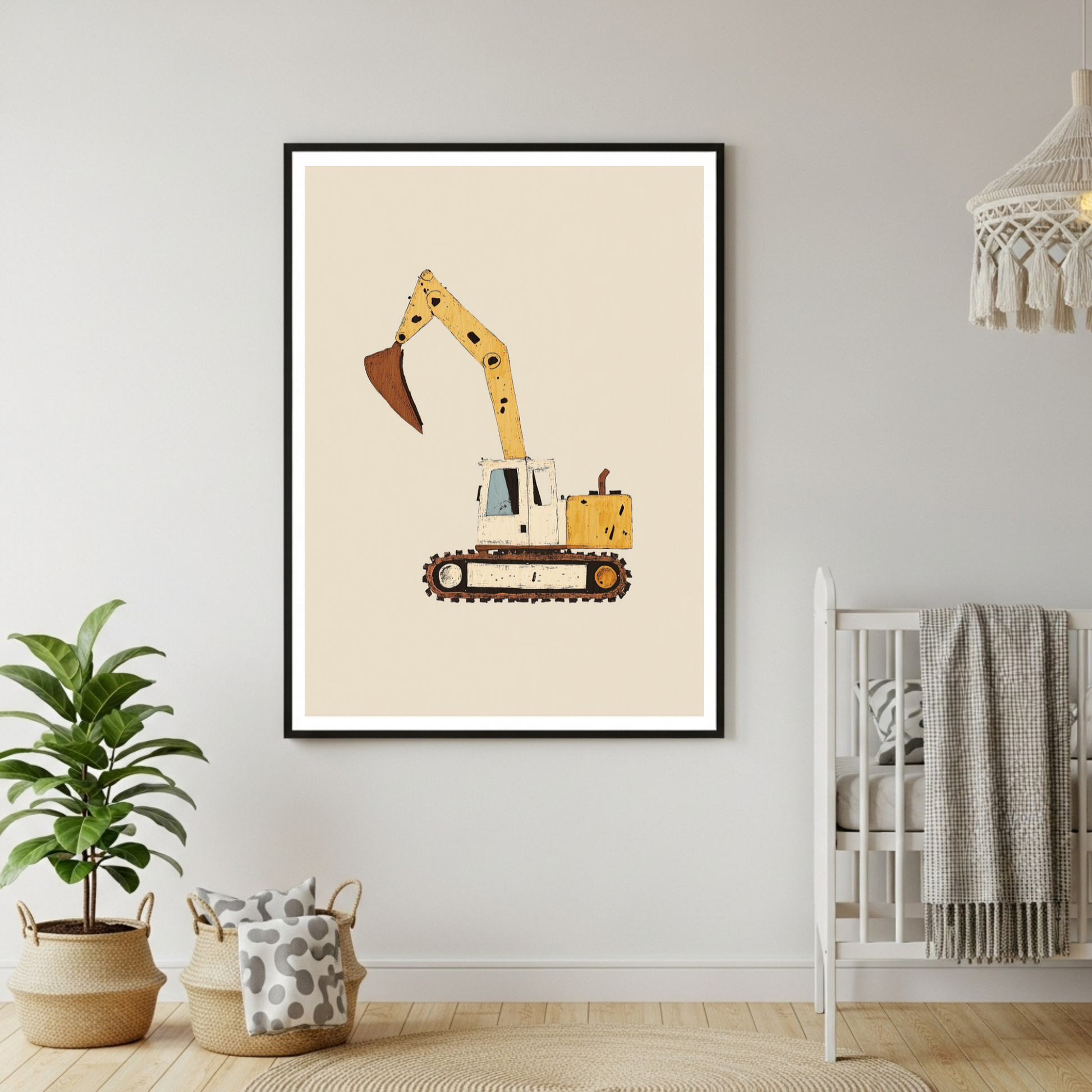 Charming Construction Digger Poster - Earth-Tone Excavator Art Print for Kids & Enthusiasts