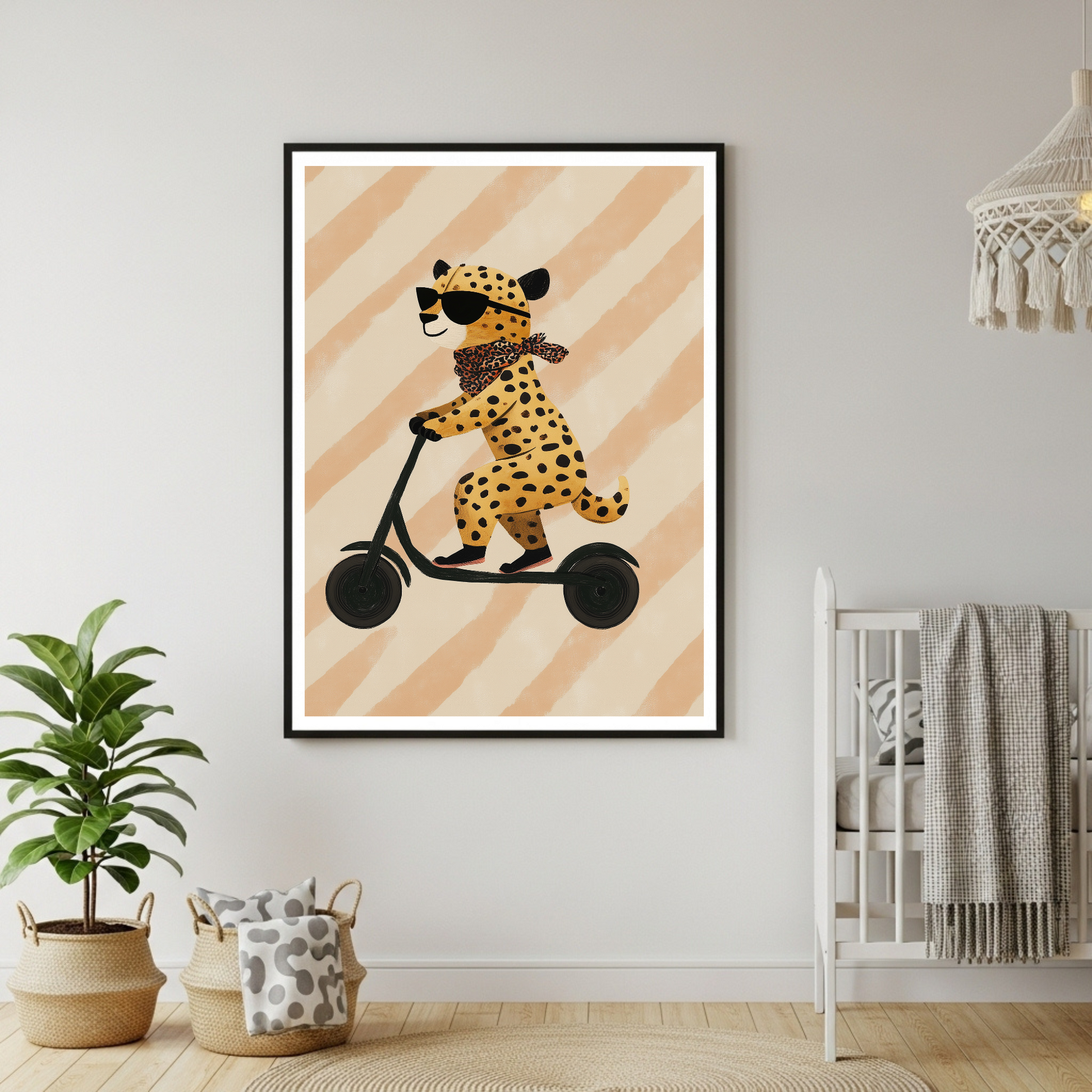 Chic Cheetah on Scooter Art Print | Cool Safari Animal Poster for Kids & Modern Decor