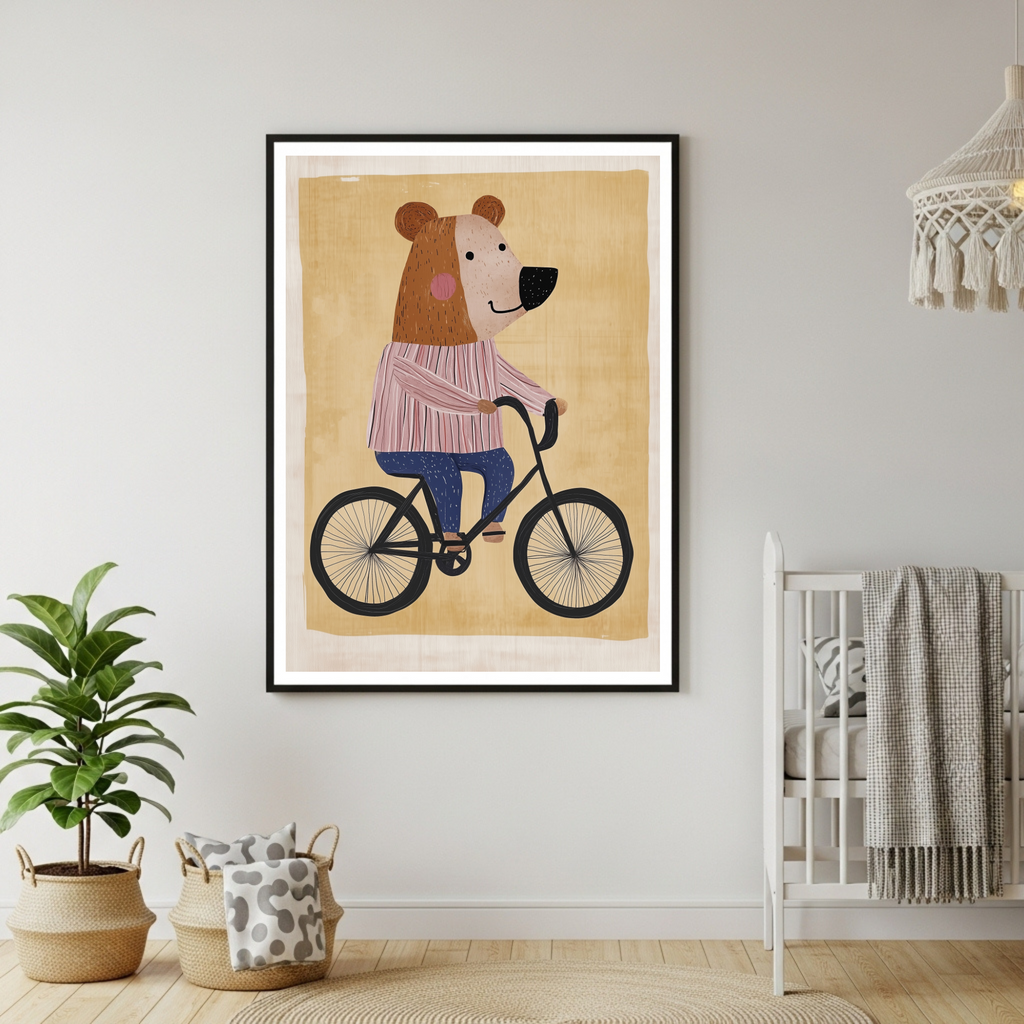 Charming Bear on Bicycle Art Print - Whimsical Animal Poster in Various Sizes