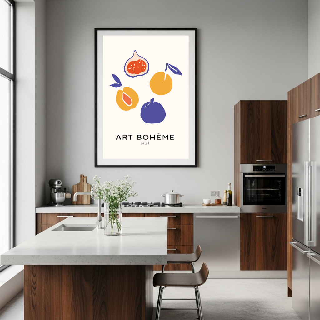 Abstract Fruit Art Print - Boho Kitchen Wall Decor with Figs & Peaches in Bold Hues