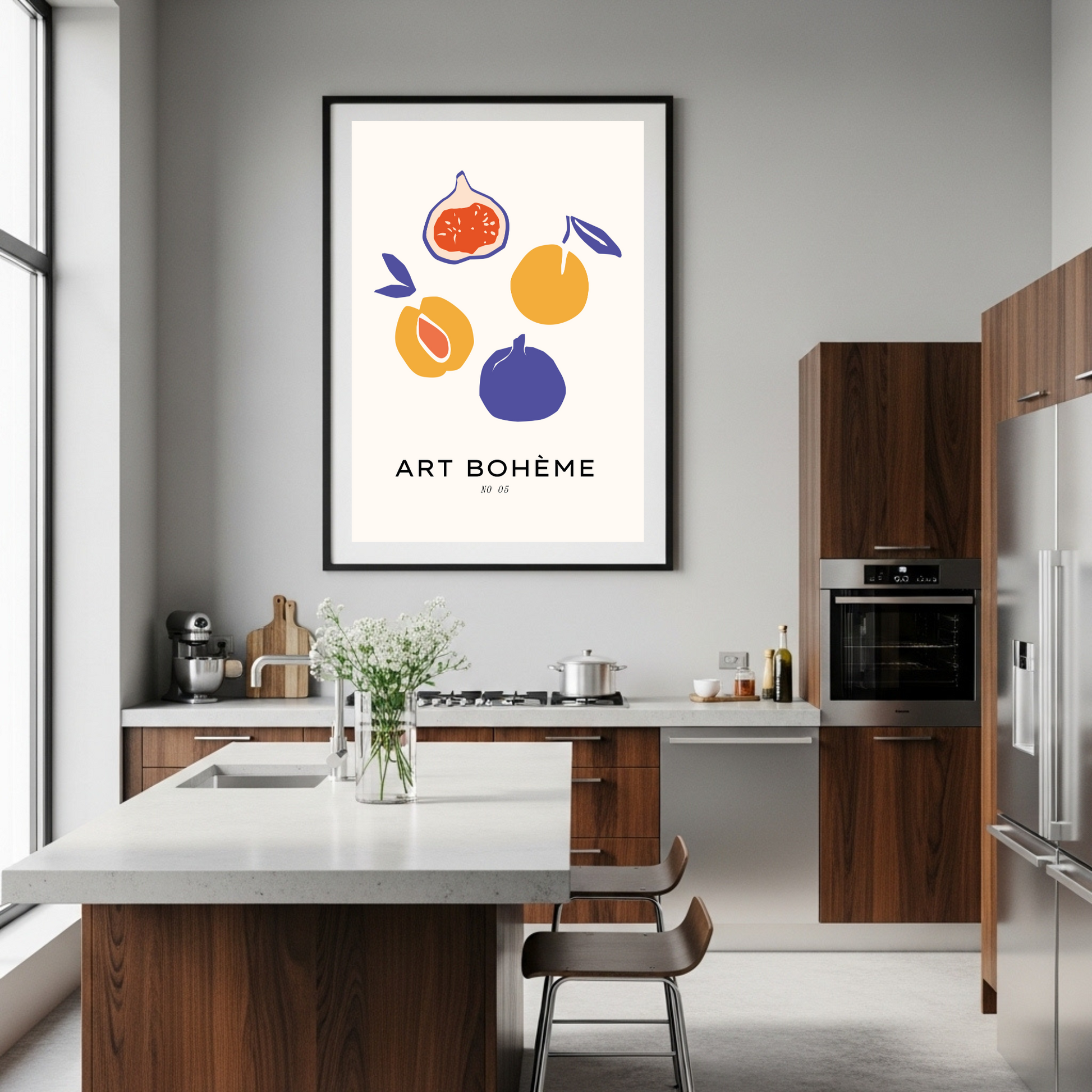 Abstract Fruit Art Print - Boho Kitchen Wall Decor with Figs & Peaches in Bold Hues