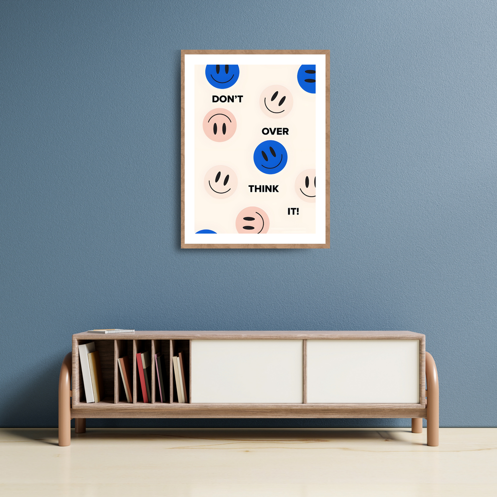 Don't Overthink It! Blue and Pink Smiley Face Poster - Modern Minimalist Art Print for Kids & Adults