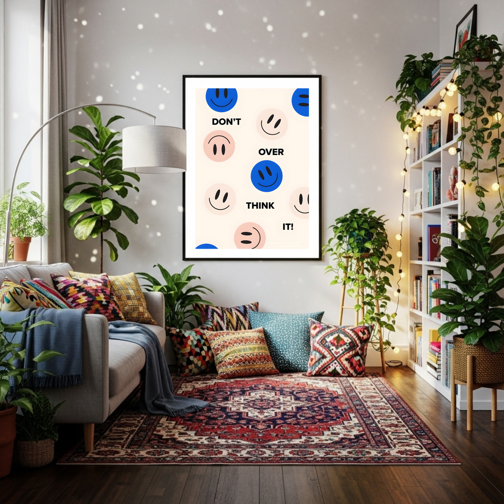 Don't Overthink It! Blue and Pink Smiley Face Poster - Modern Minimalist Art Print for Kids & Adults