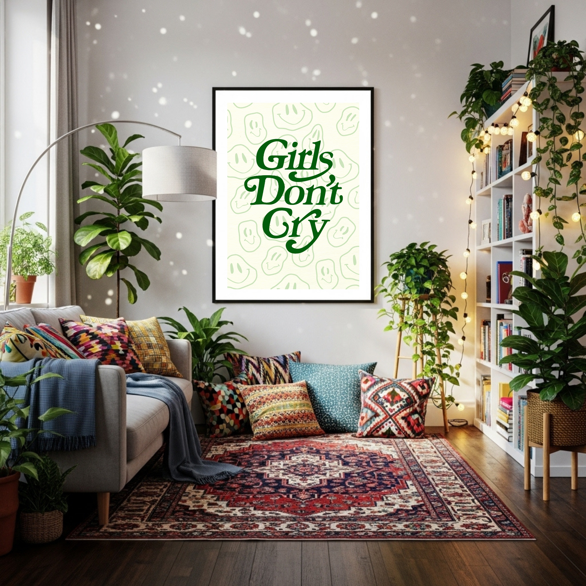 Girls Don't Cry Playful Green Poster – Distorted Smiley Face Wall Art