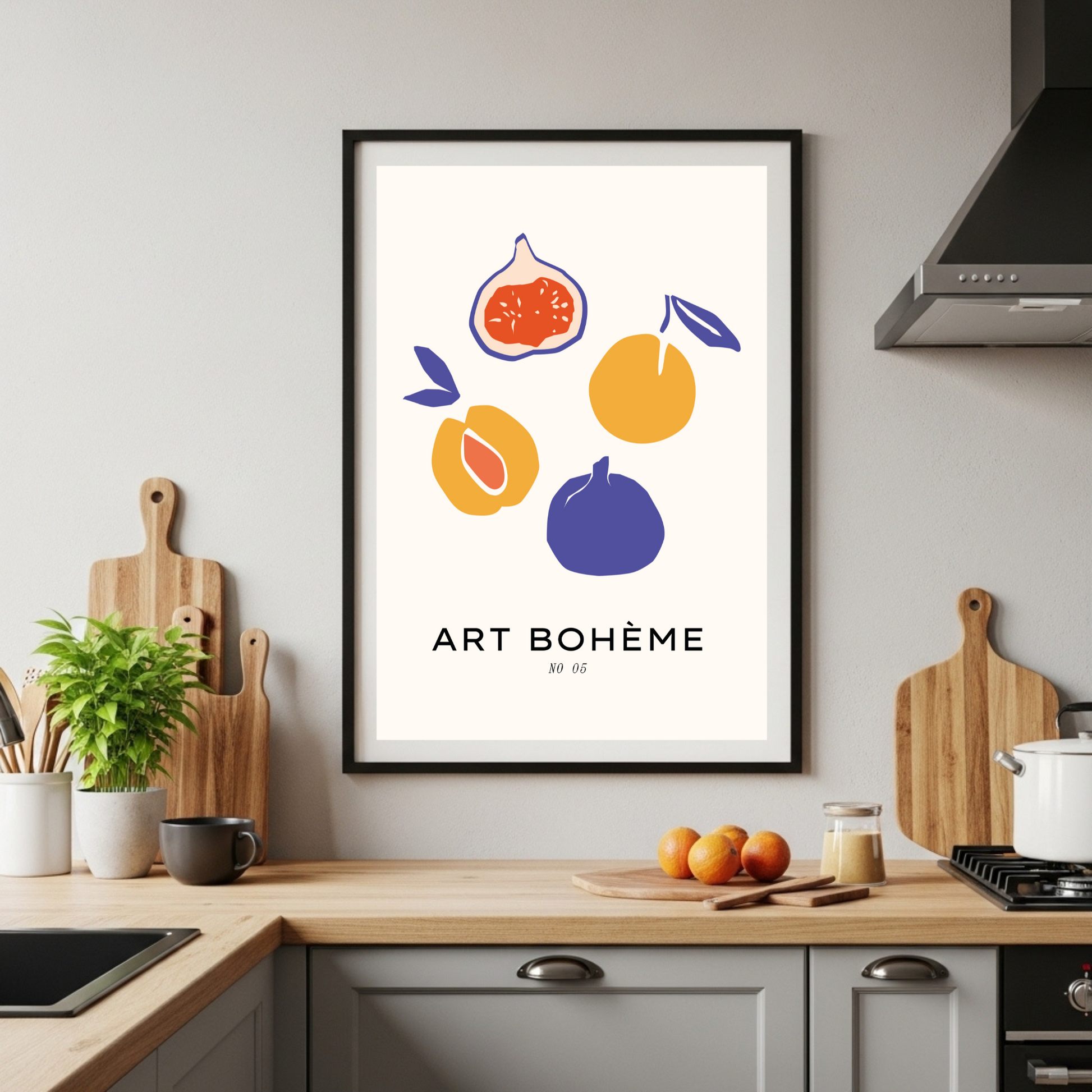 Abstract Fruit Art Print - Boho Kitchen Wall Decor with Figs & Peaches in Bold Hues