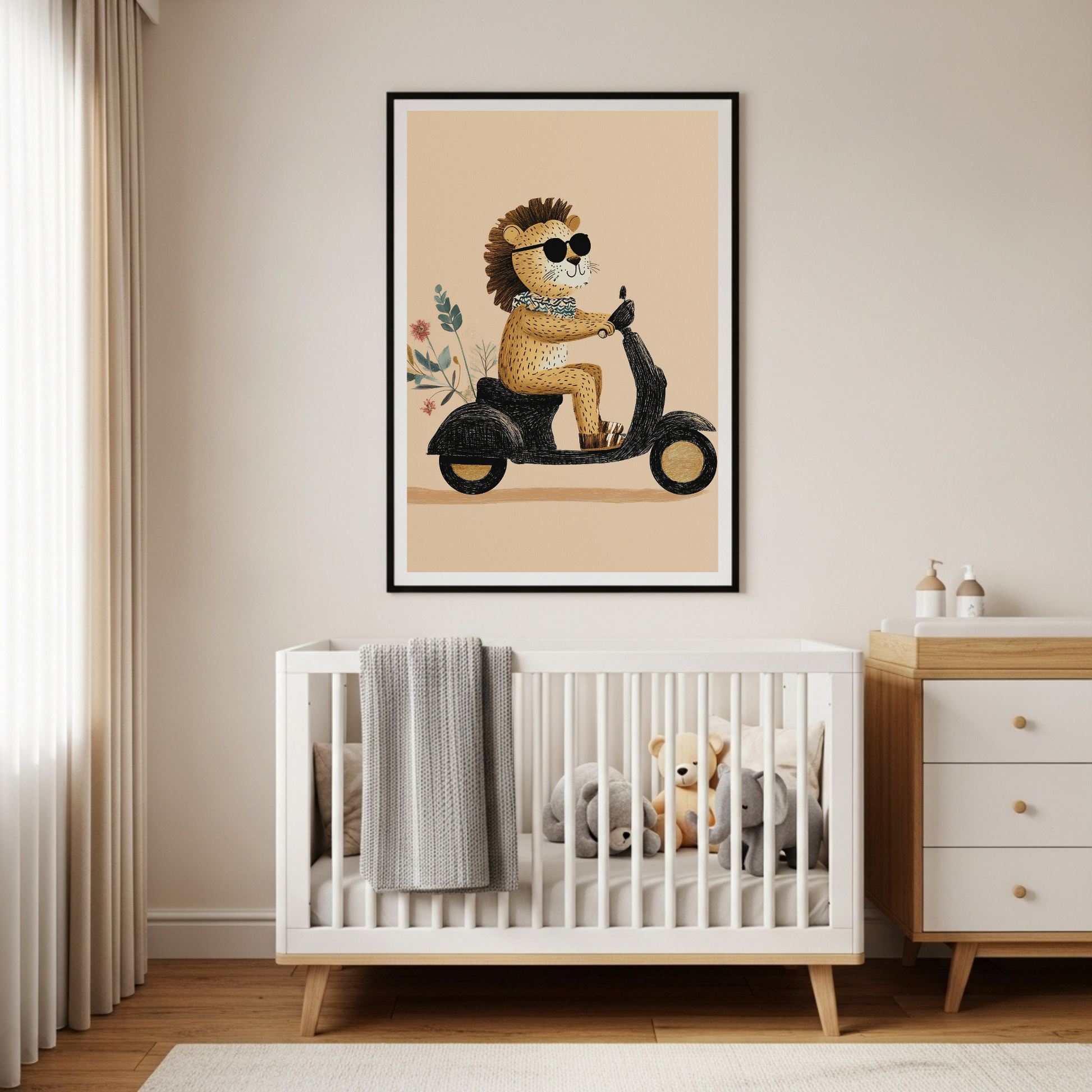 Chic Lion on Scooter Poster – Whimsical Wall Art for Kids & Modern Nurseries, Available in Multiple Sizes