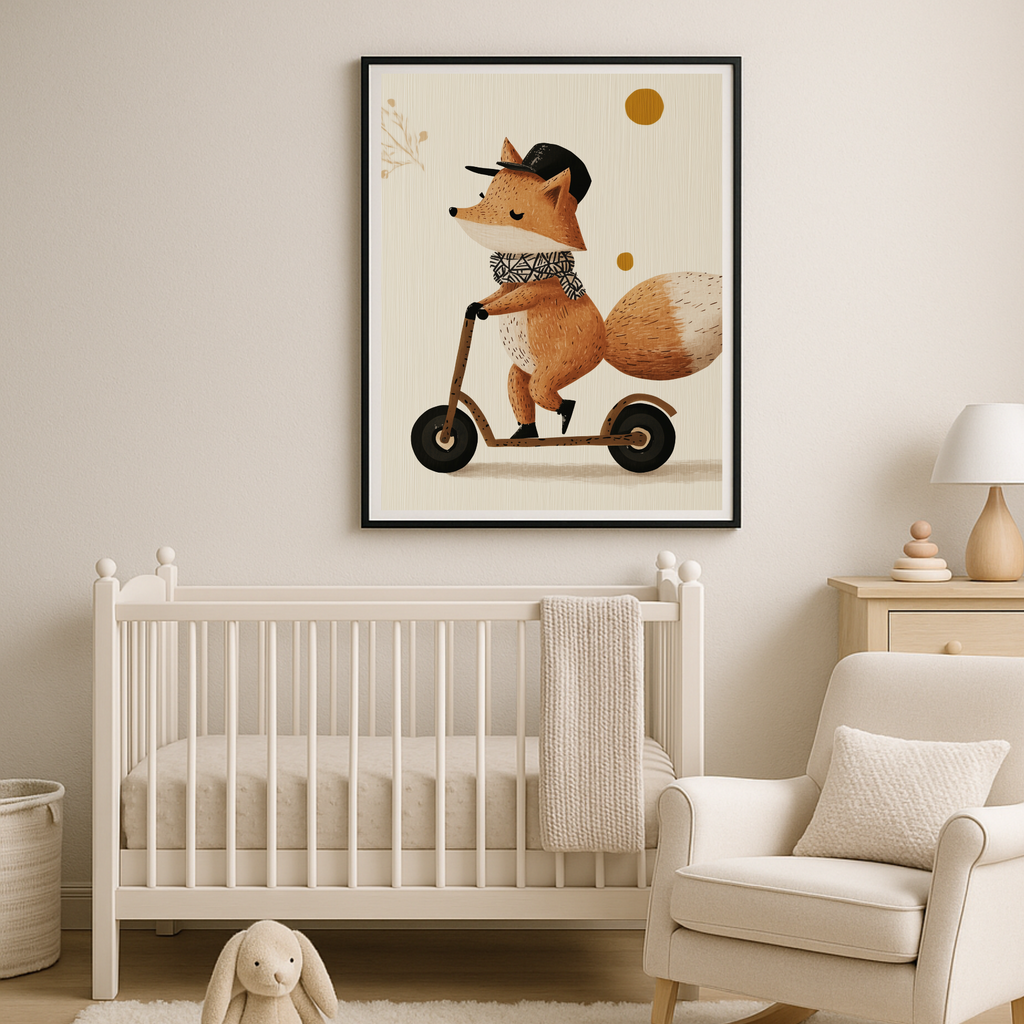 Charming Fox on Scooter Art Print: Whimsical Woodland Decor for Kids' Rooms & Nurseries