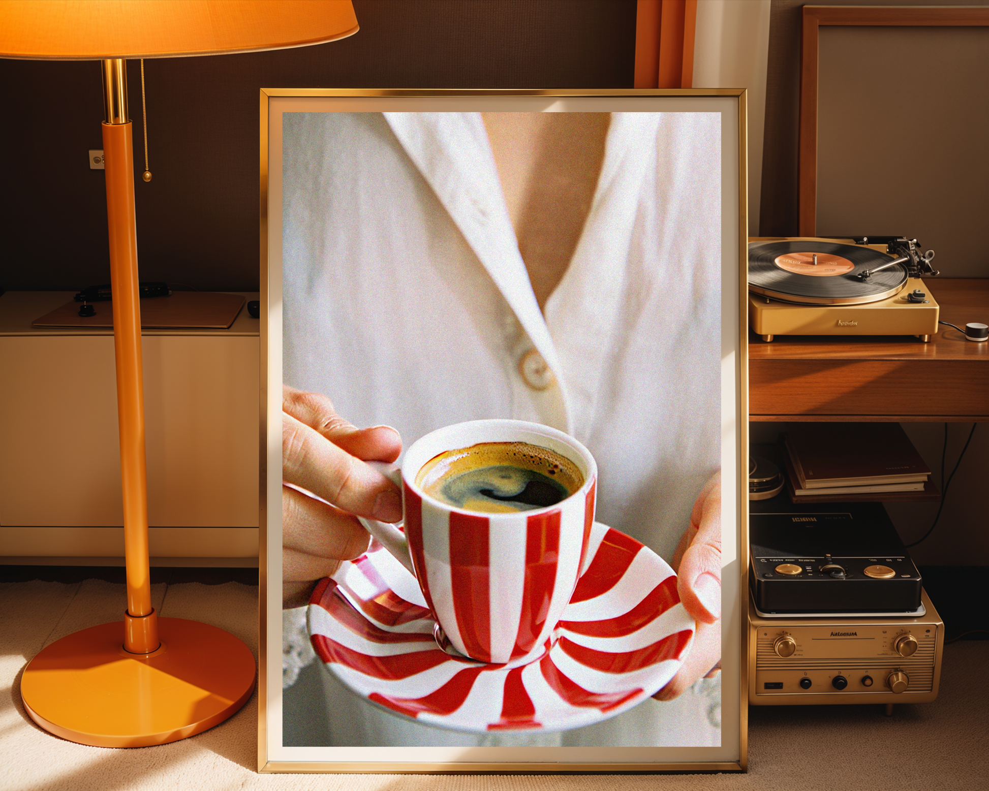 Chic Red & White Striped Coffee Cup and Saucer Art Print for Your Kitchen or Cafe