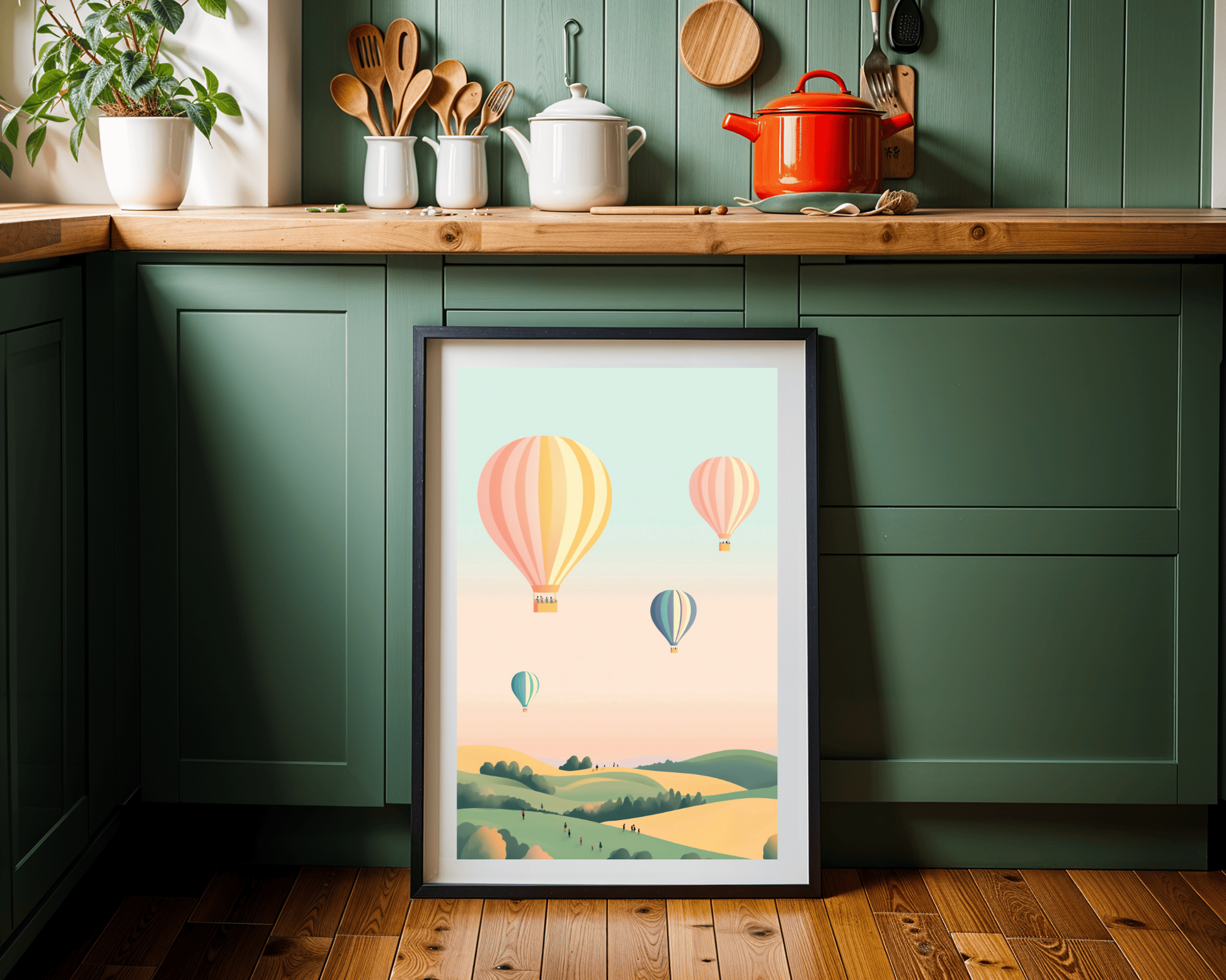 Dreamy Pastel Hot Air Balloons Poster - Whimsical Landscape Art for Modern Nurseries & Living Spaces