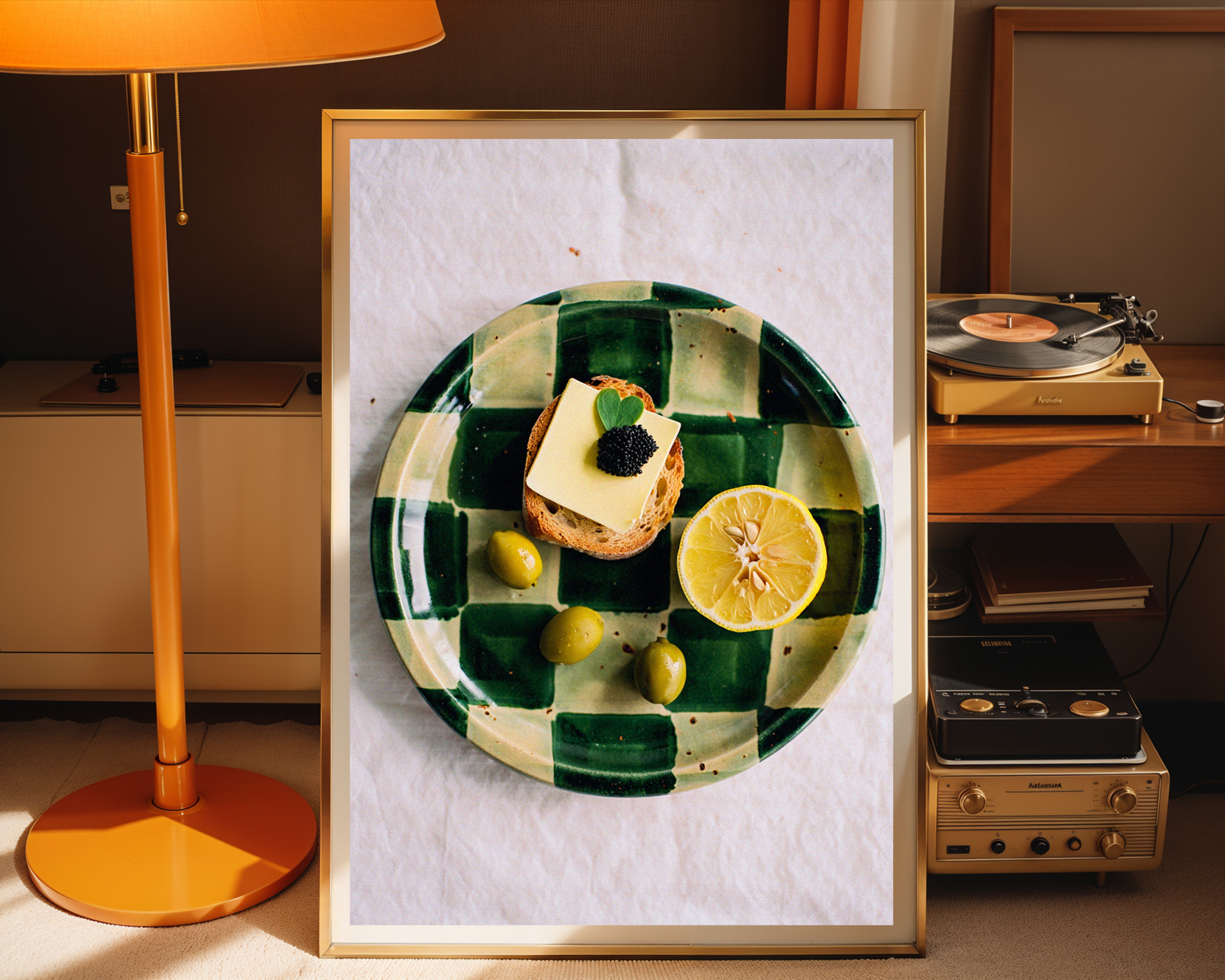 Chic Green & Gold Checkered Plate Poster - Modern Kitchen & Dining Decor