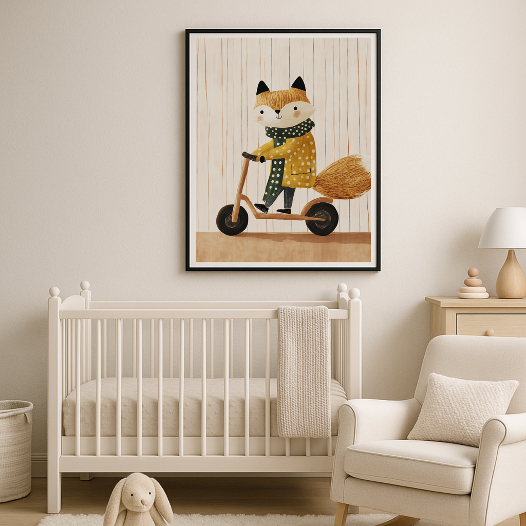 Charming Fox on Scooter Art Print | Whimsical Nursery Decor Poster in Various Sizes