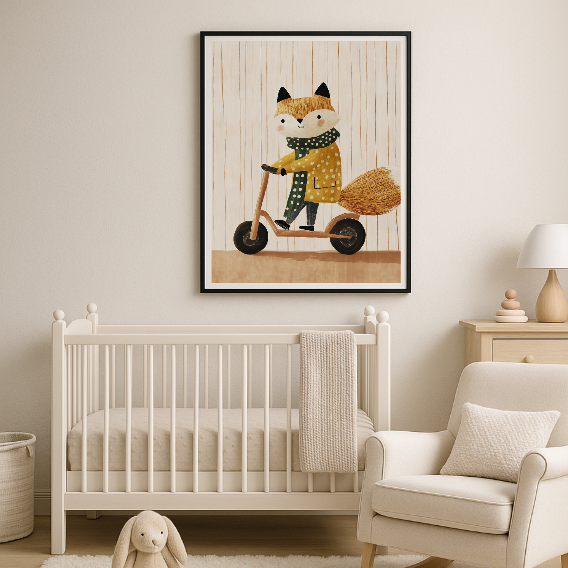 Charming Fox on Scooter Art Print | Whimsical Nursery Decor Poster in Various Sizes