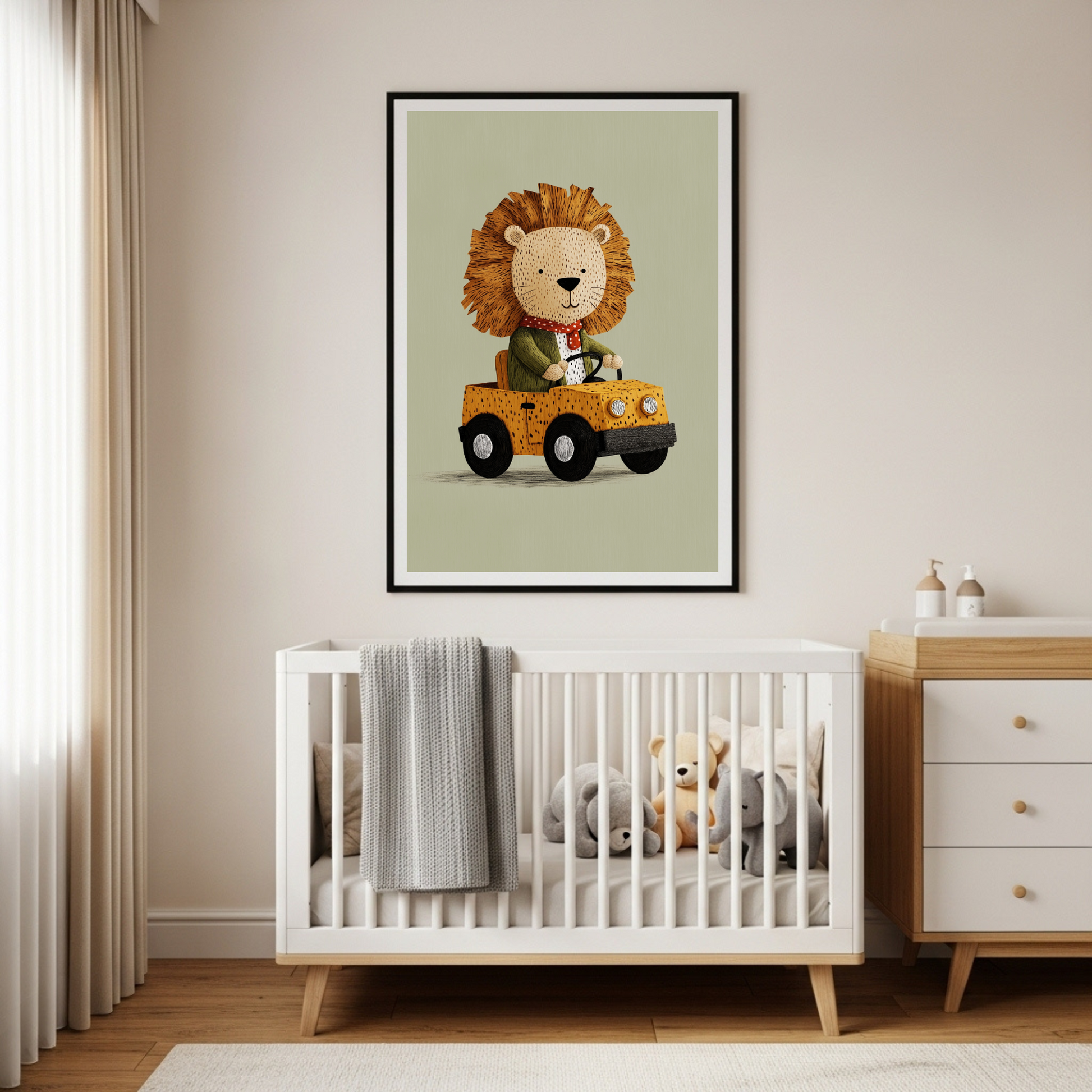 Charming Cartoon Lion Driving Car Poster - Whimsical Nursery Wall Art in Various Sizes