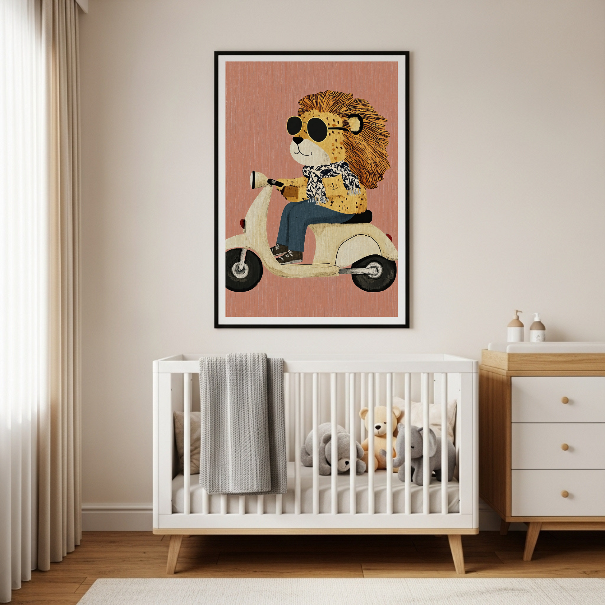 Chic Lion on Scooter Poster: Playful Nursery Art in Various Sizes