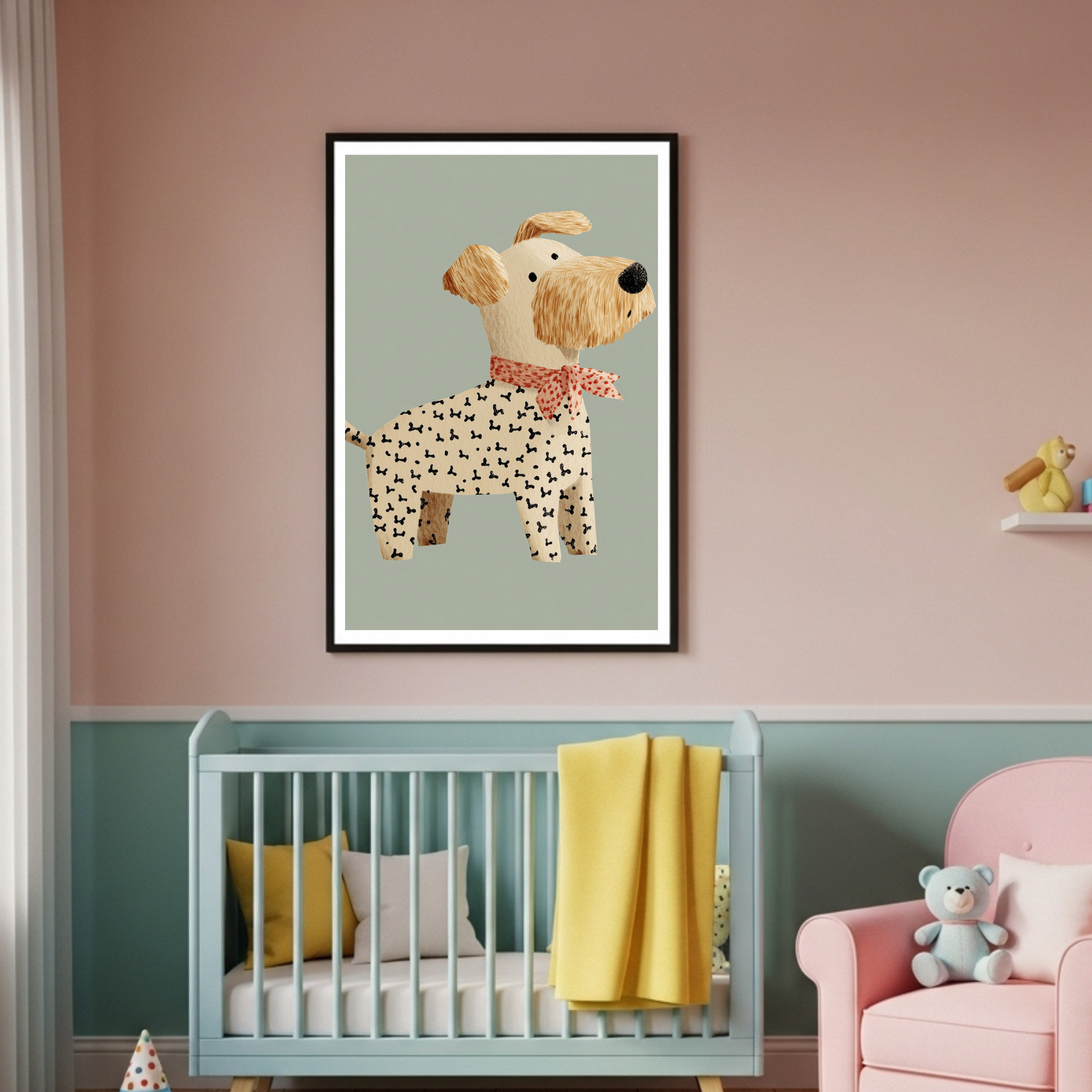 Charming Wooden Textured Dog with Scarf Poster - Whimsical Pet Art for Kids & Dog Lovers