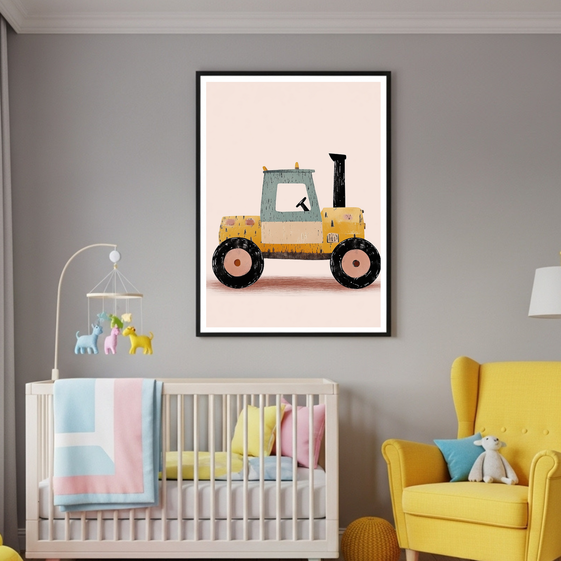 Charming Farm Tractor Art Print – Whimsical Kids' Room Decor in Various Sizes