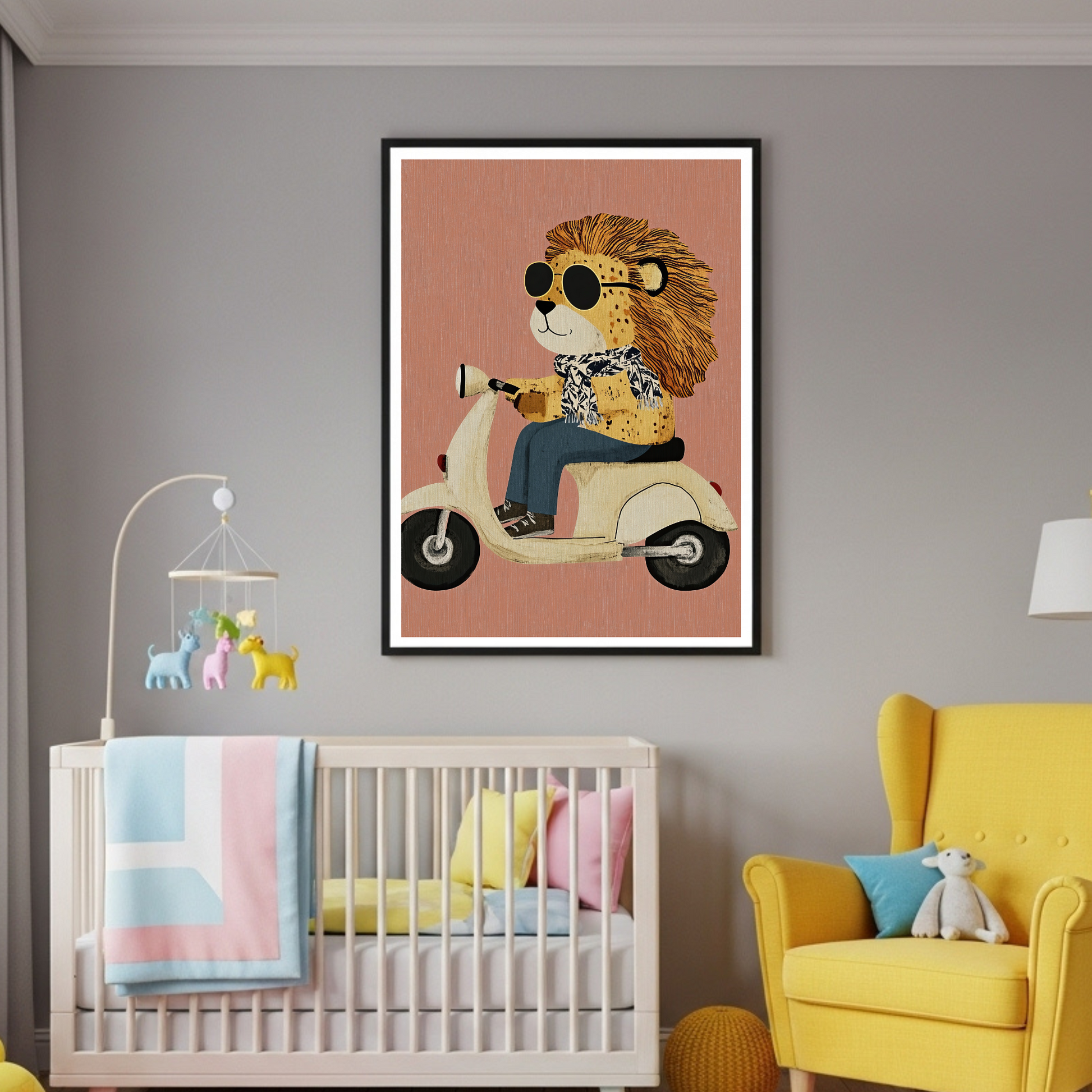 Chic Lion on Scooter Poster: Playful Nursery Art in Various Sizes