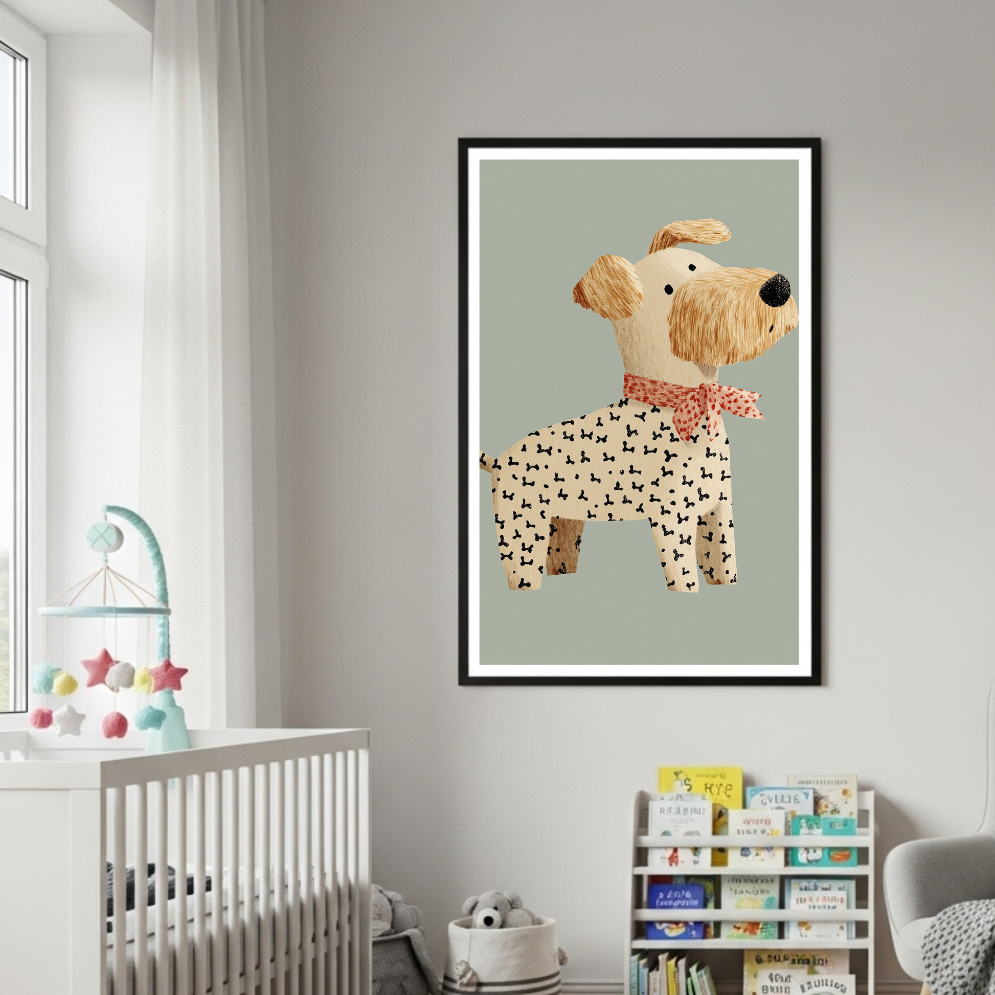 Charming Wooden Textured Dog with Scarf Poster - Whimsical Pet Art for Kids & Dog Lovers