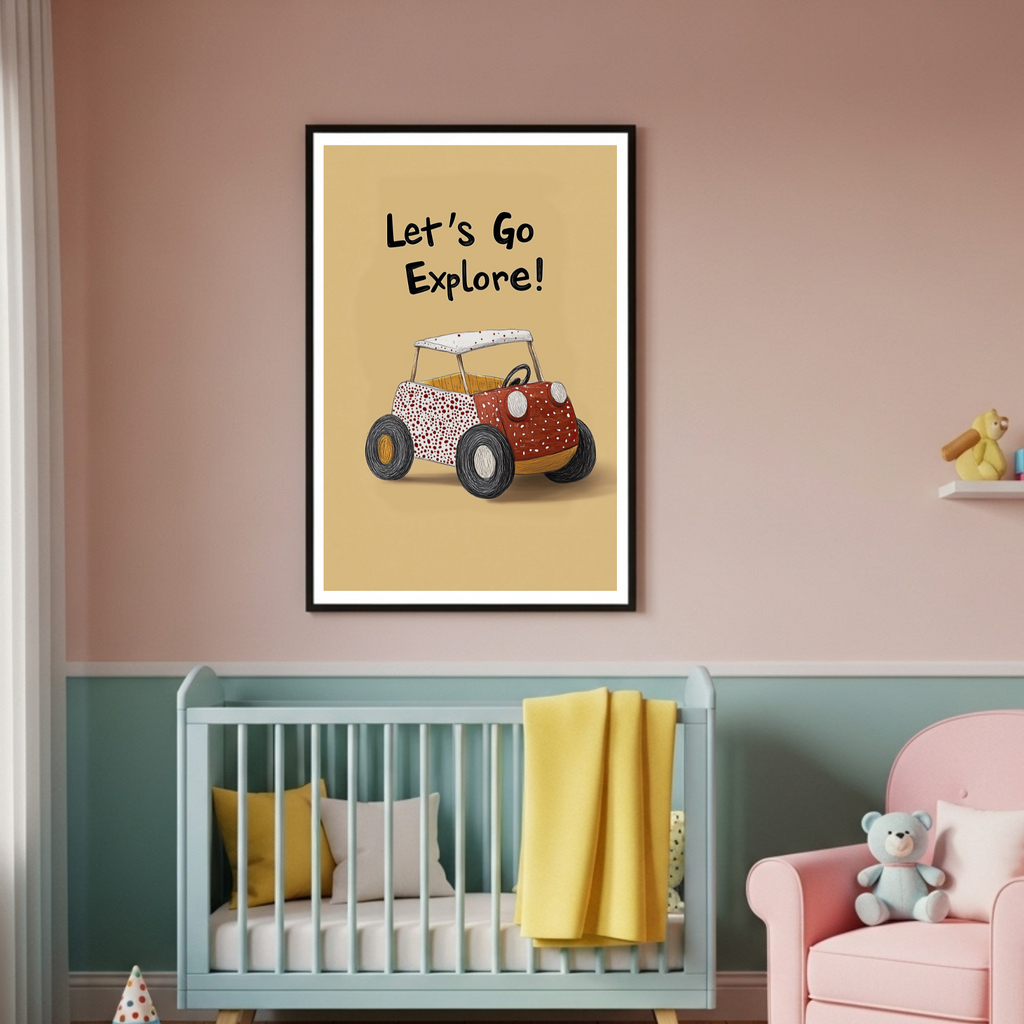 Charming 'Let's Go Explore!' Adventure Car Poster for Kids' Rooms