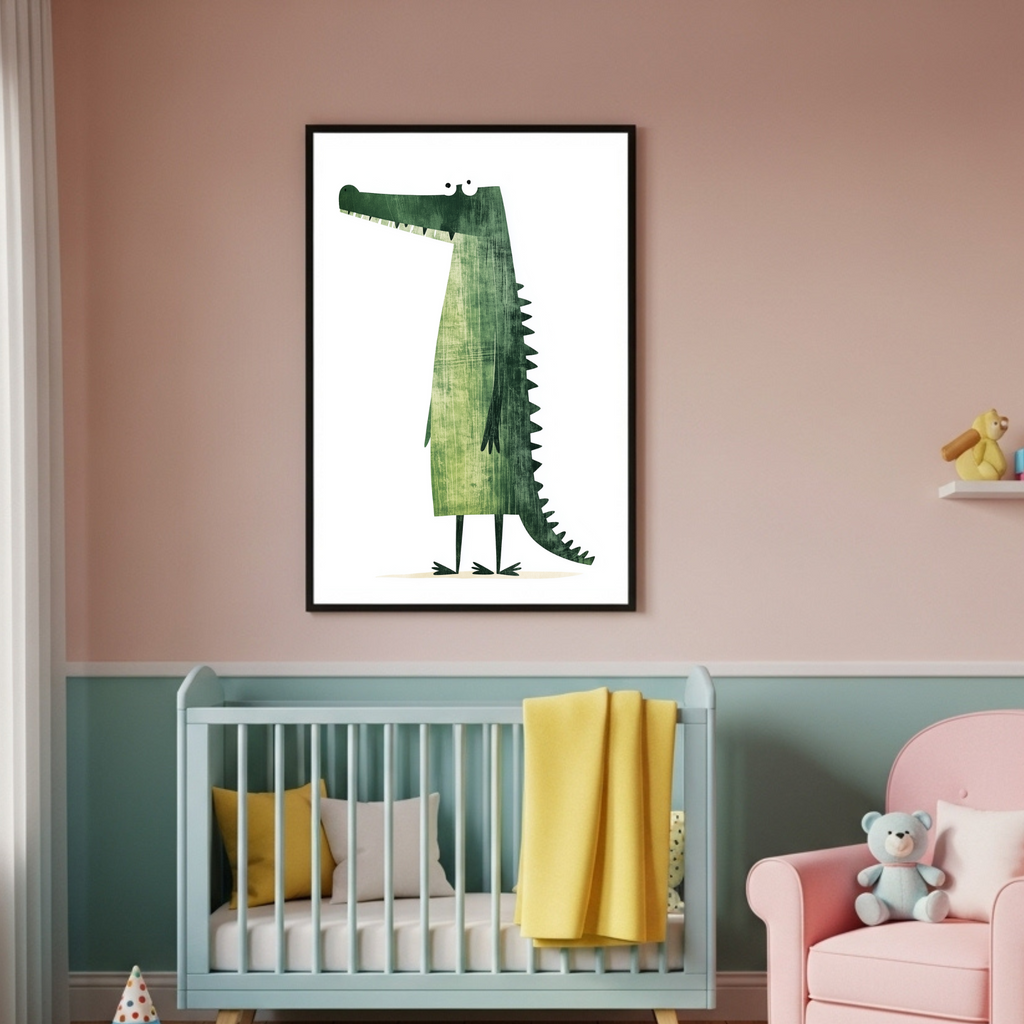 Charming Green Crocodile Art Poster - Quirky Reptile Wall Decor in Various Sizes