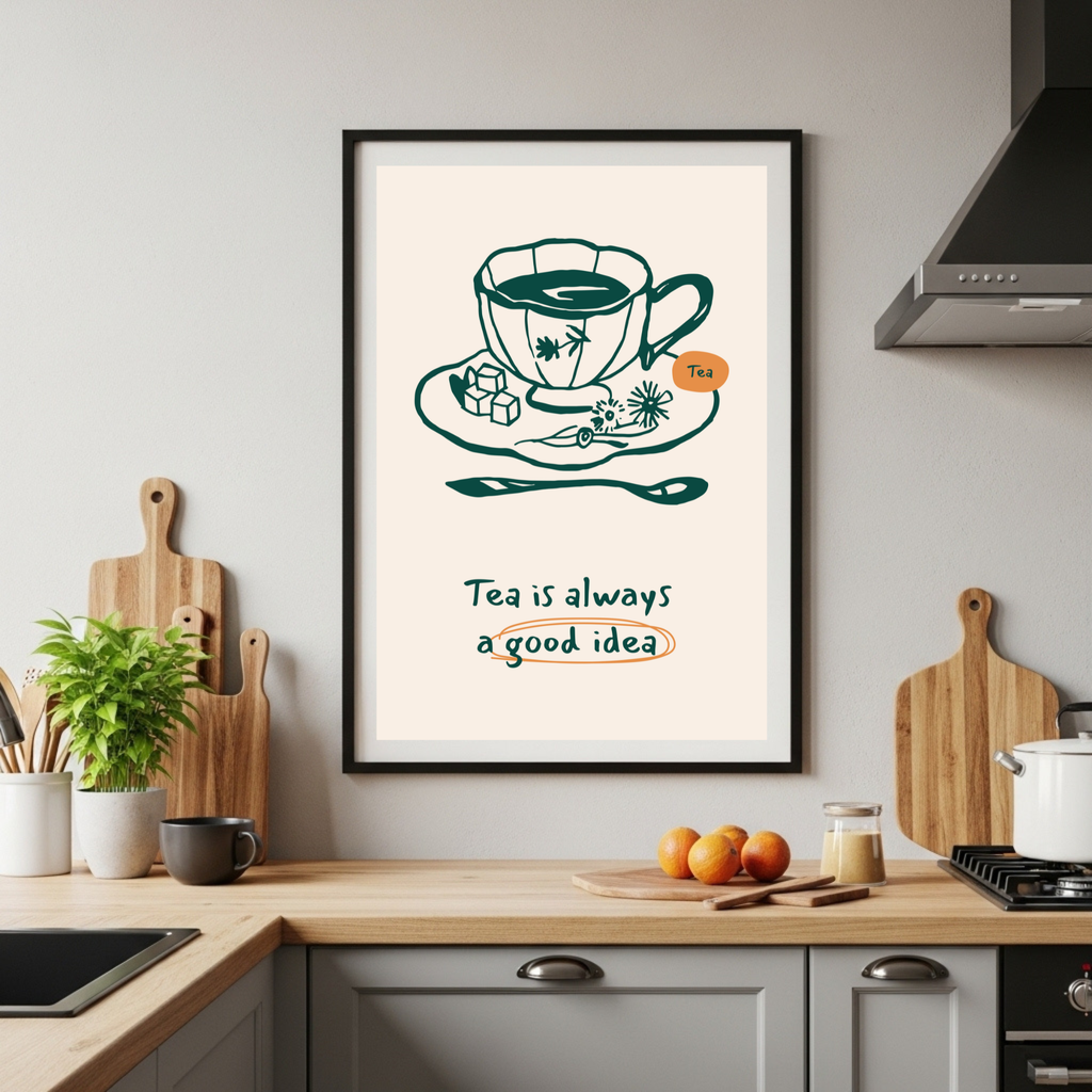 Charming Sage & Orange 'Tea Is Always A Good Idea' Poster for Cozy Spaces