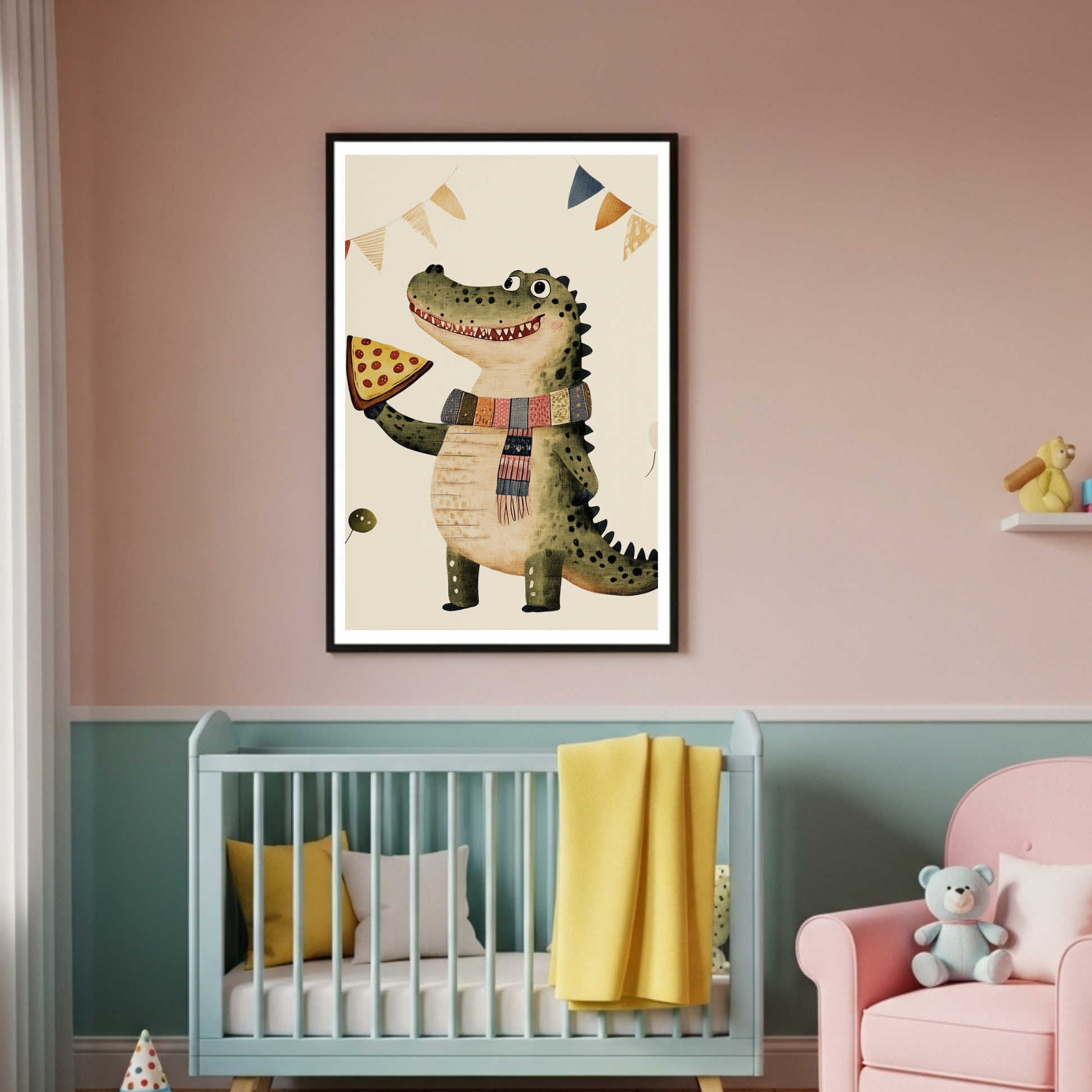 Charming Pizza-Loving Alligator Poster: Whimsical Wall Art for Kids & Playful Spaces
