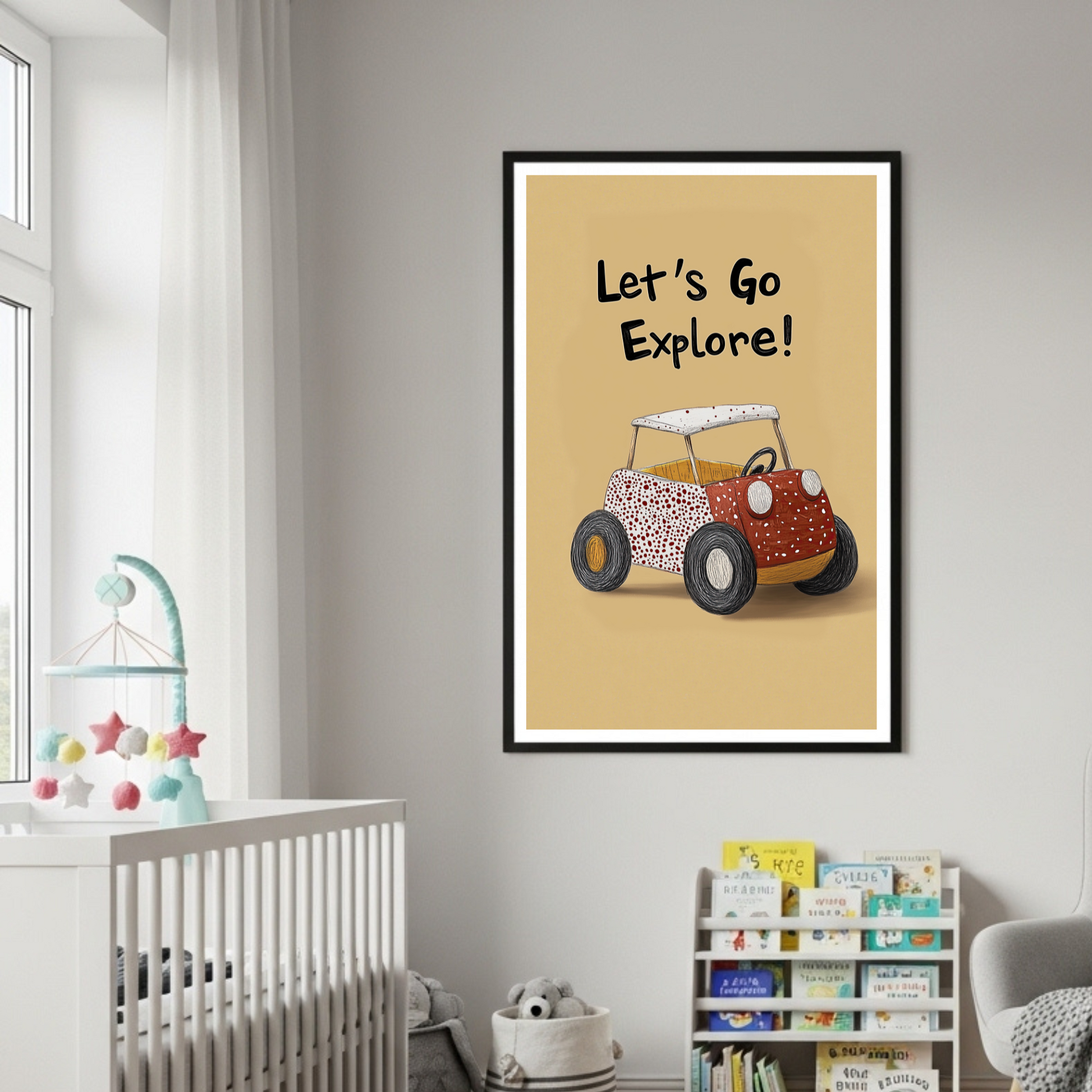 Charming 'Let's Go Explore!' Adventure Car Poster for Kids' Rooms