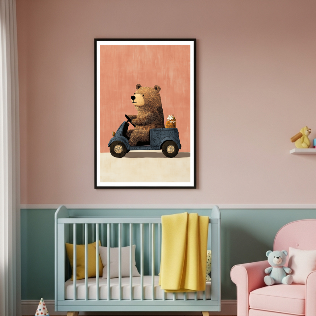 Charming Bear on Scooter Poster - Playful Art for Kids & Animal Lovers in Multiple Sizes