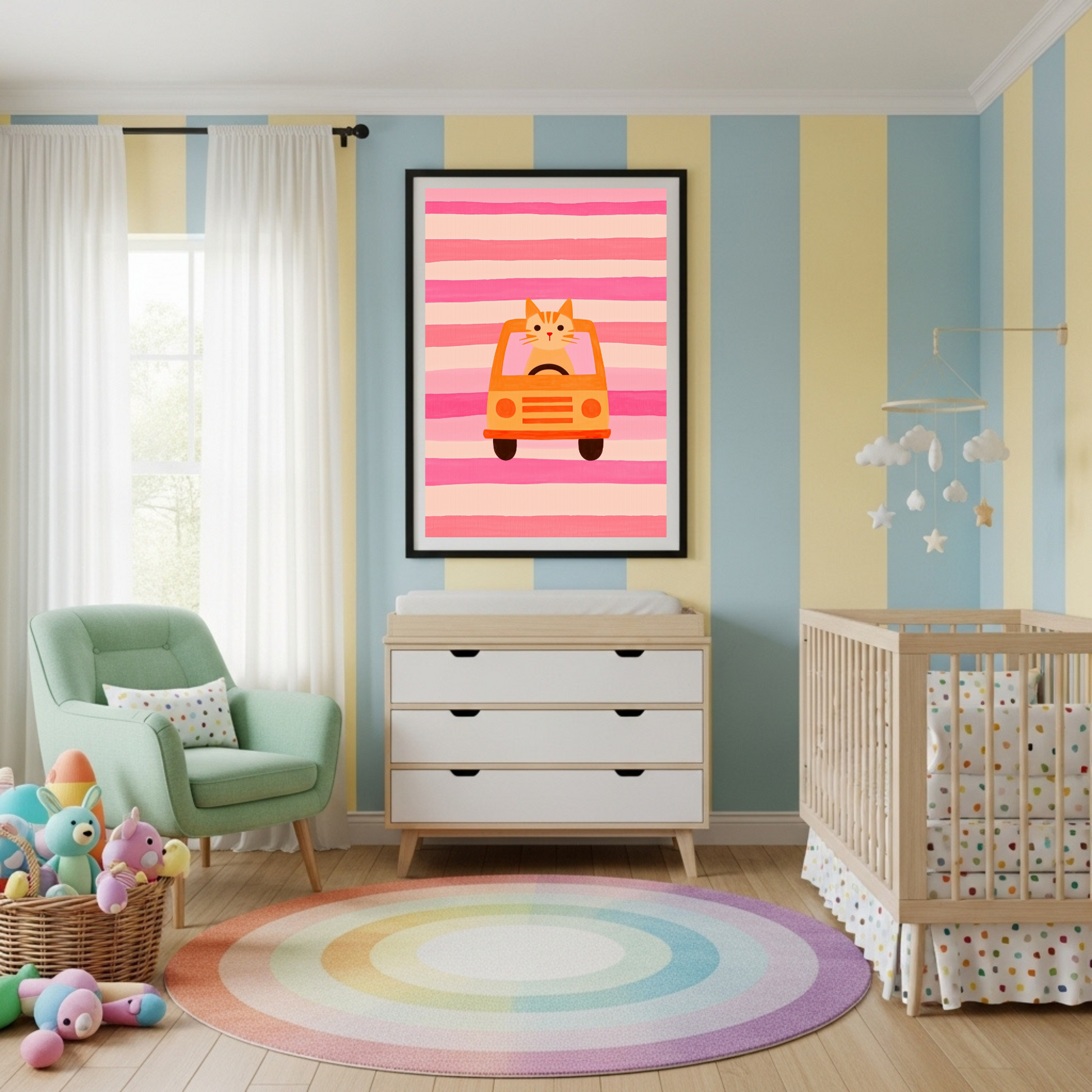 Charming Cat in Car Art Print - Playful Pink & Orange Nursery Decor Poster in Multiple Sizes