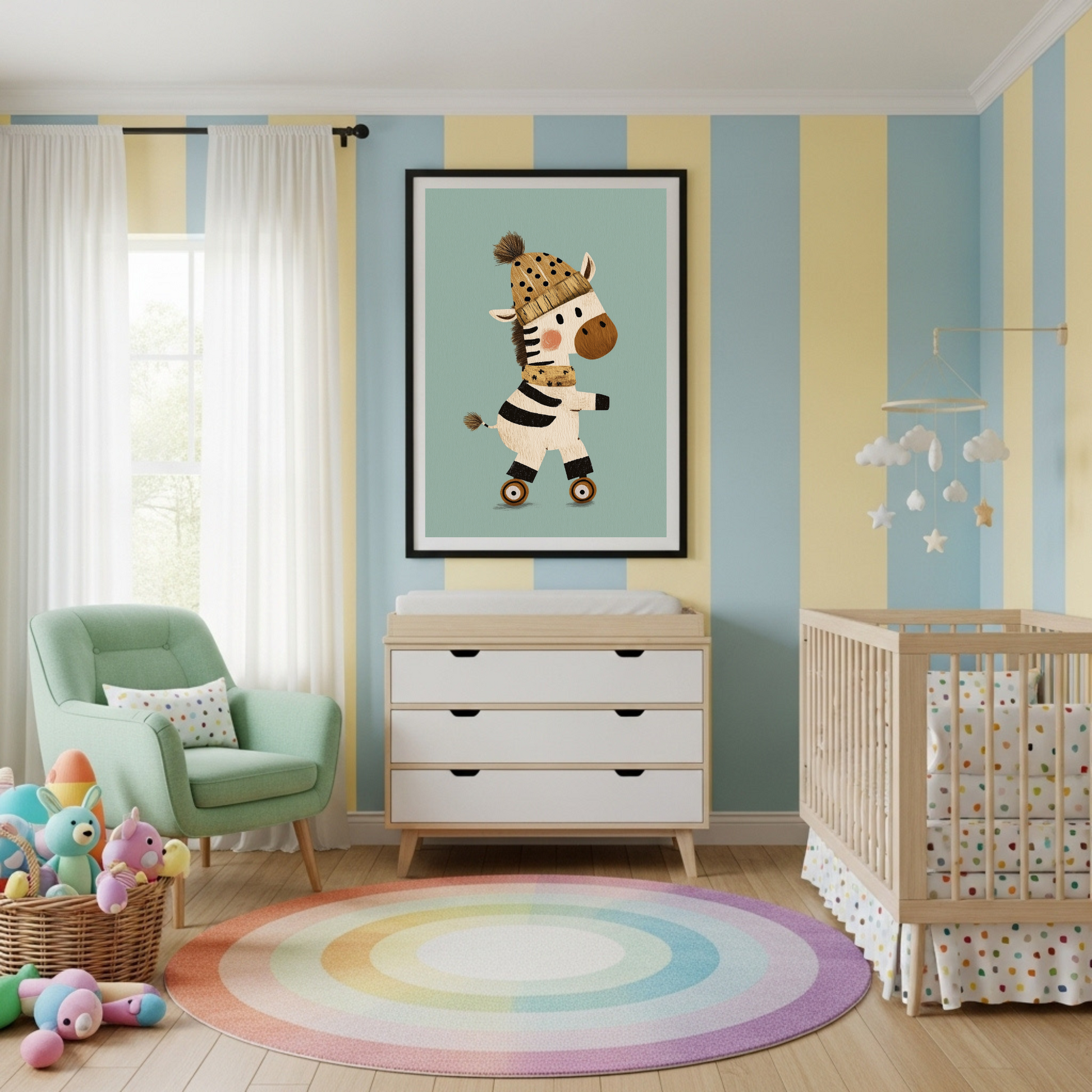 Charming Roller Skating Zebra Art Poster for Kids' Rooms