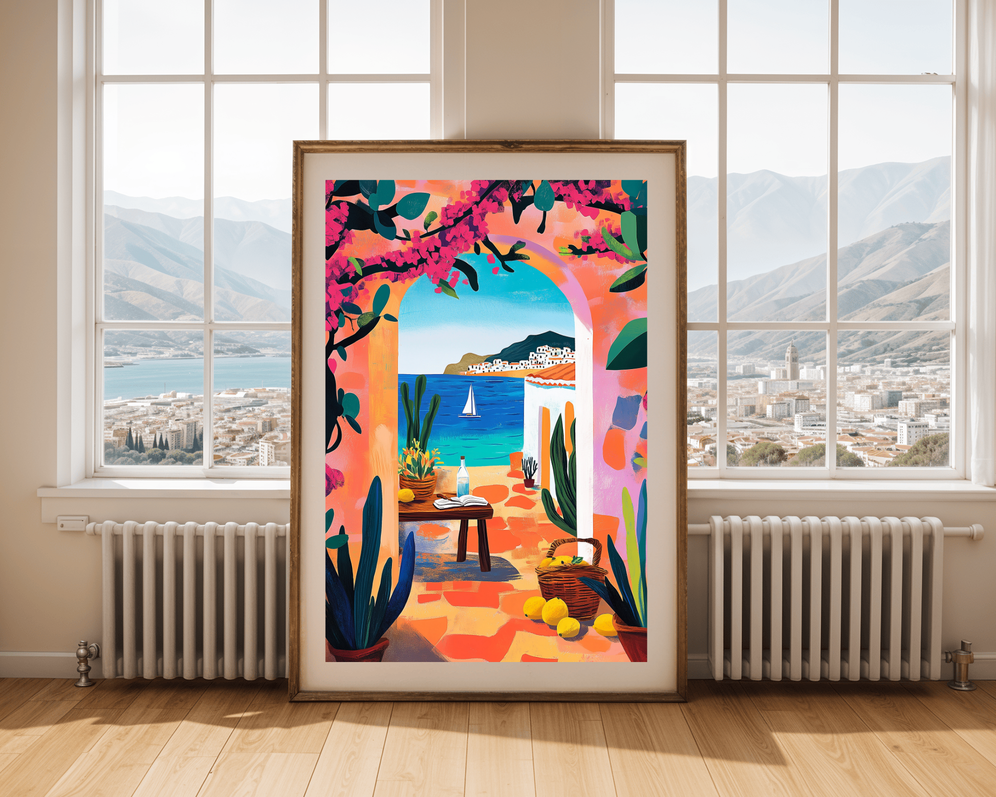 Vibrant Mediterranean Seascape Poster - Bohemian Coastal Art Print for Sun-Drenched Vibes