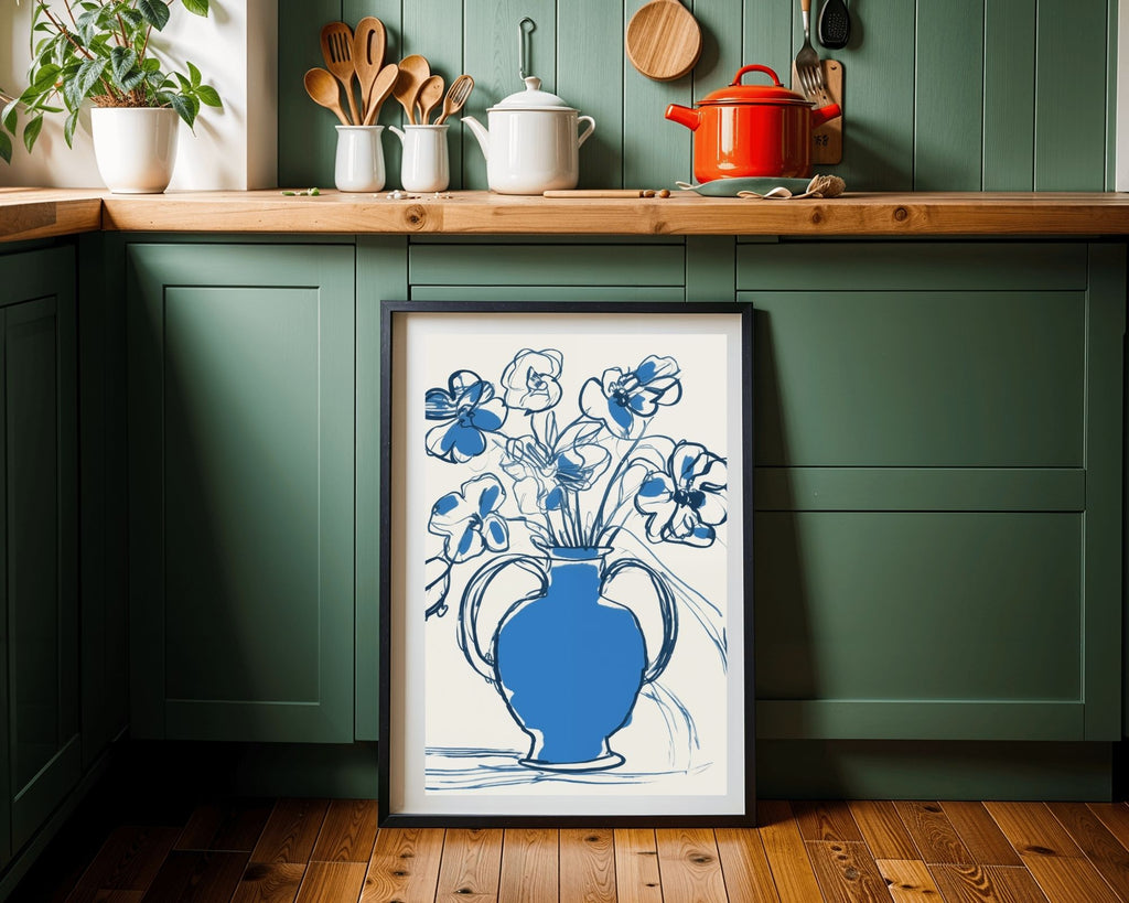 Blue Floral Vase Sketch Art Print