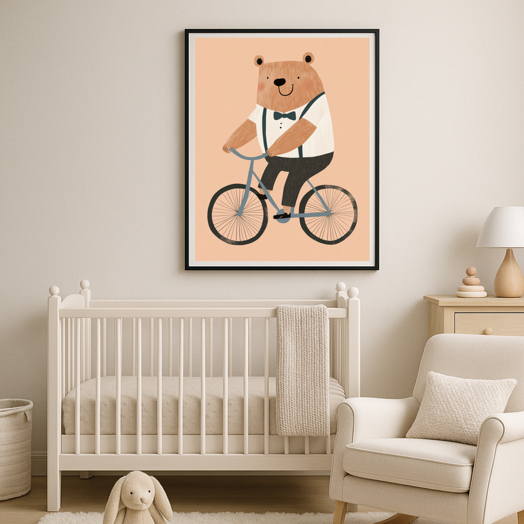 Charming Bear on Bicycle Art Print - Whimsical Nursery & Kids Room Decor Poster