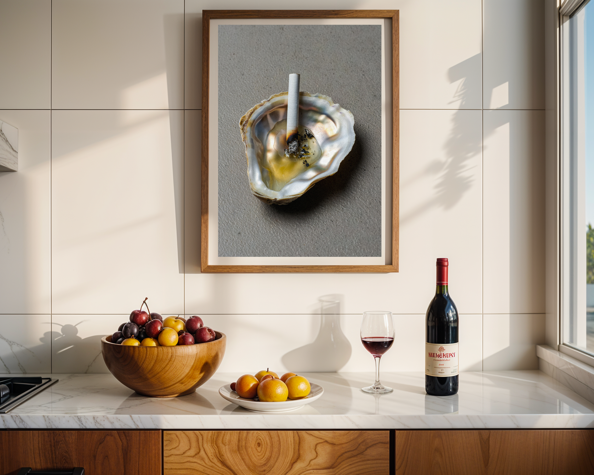 Abstract Coastal Ash Tray Art Poster - Unique Oyster Shell & Cigarette Print