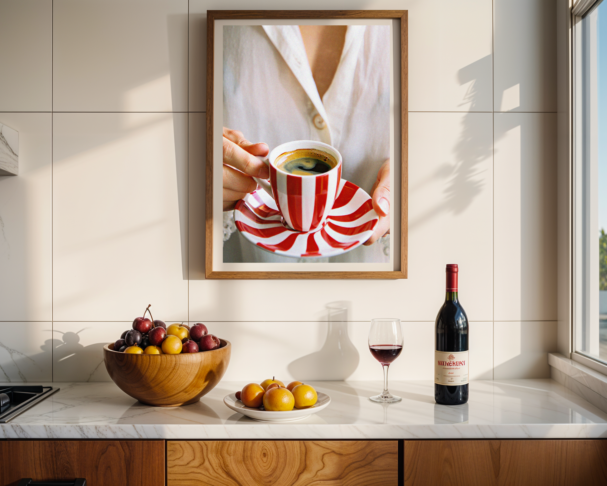 Chic Red & White Striped Coffee Cup and Saucer Art Print for Your Kitchen or Cafe