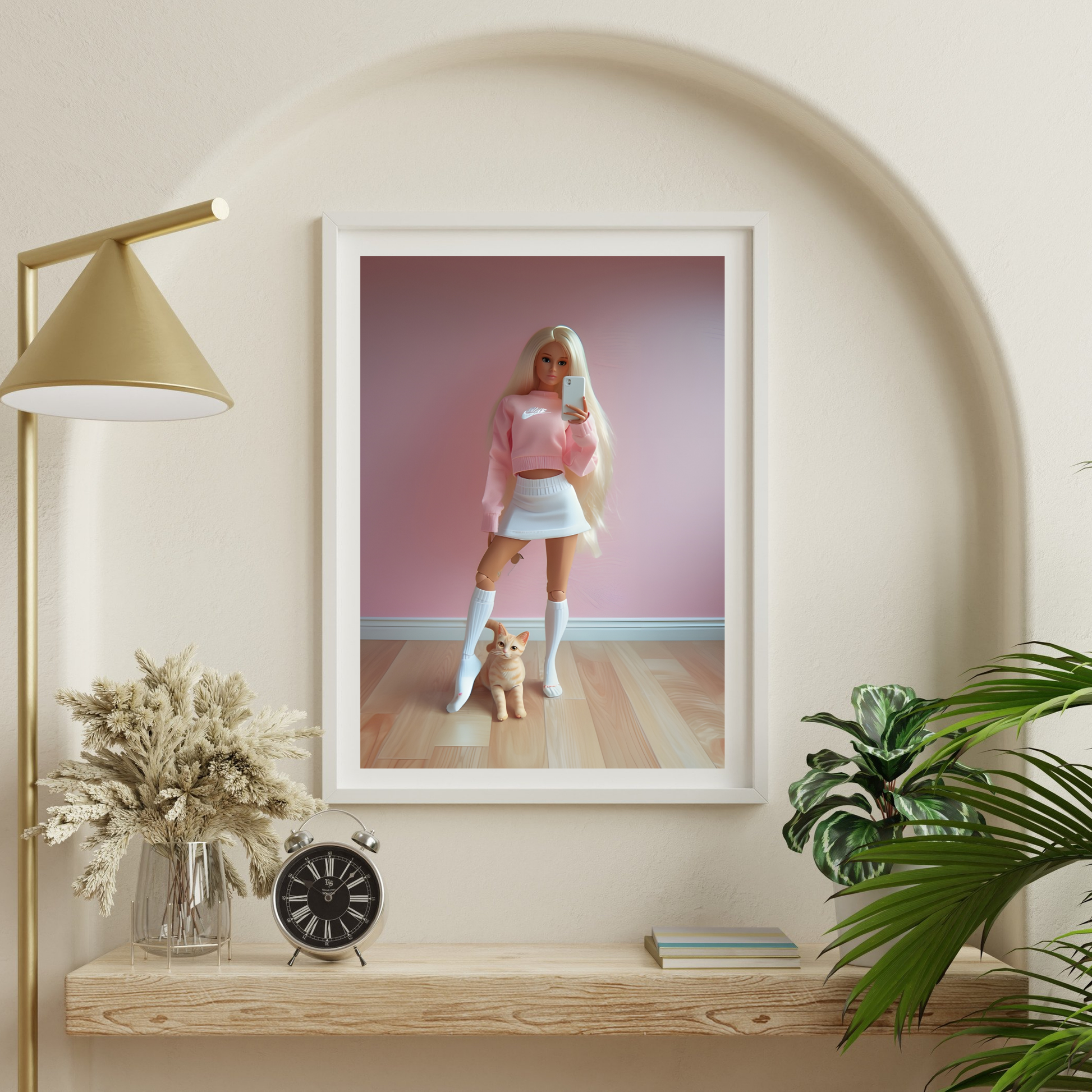 Barbiecore Chic: Pink Aesthetic Doll & Cat Poster for Playful Modern Decor, available in multiple sizes