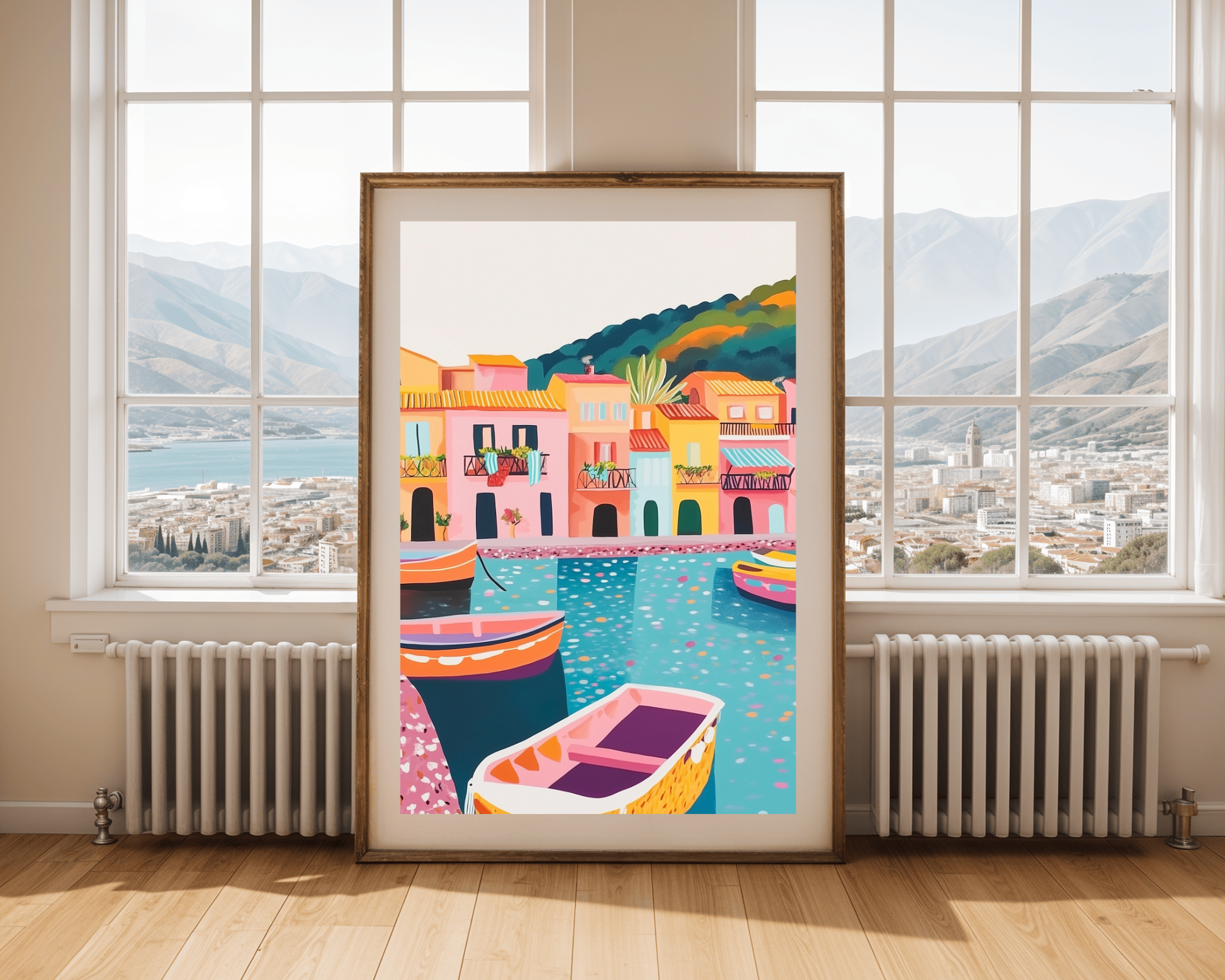 Charming Mediterranean Harbor Town Poster - Vibrant Boating Village Art Print