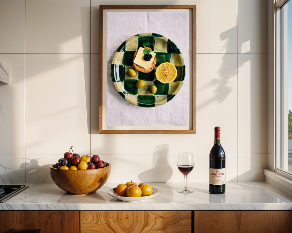 Chic Green & Gold Checkered Plate Poster - Modern Kitchen & Dining Decor