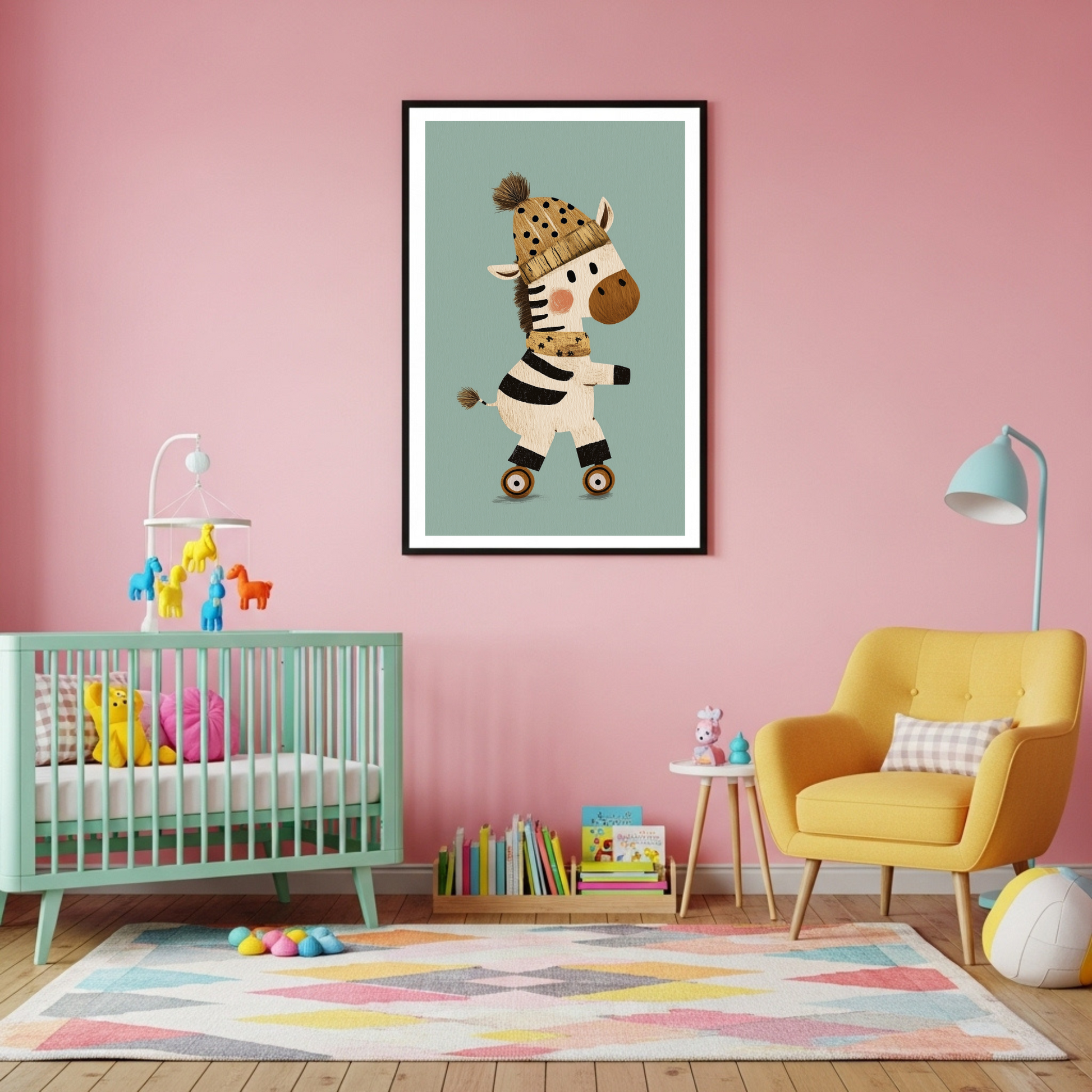 Charming Roller Skating Zebra Art Poster for Kids' Rooms