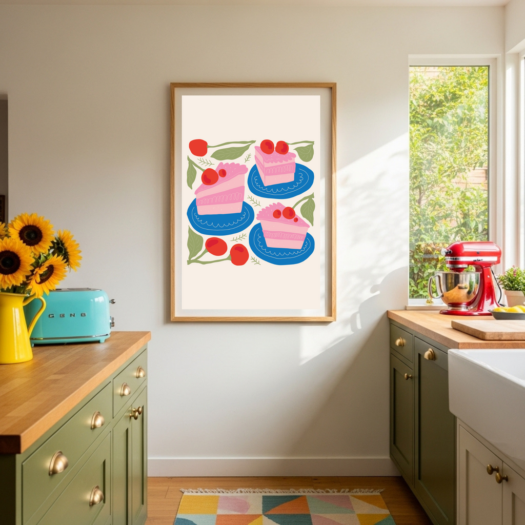 Charming Pink Cake Slices Poster with Cherries & Blue Plates - Sweet Bakery Art Print for Kitchen or Kids' Room