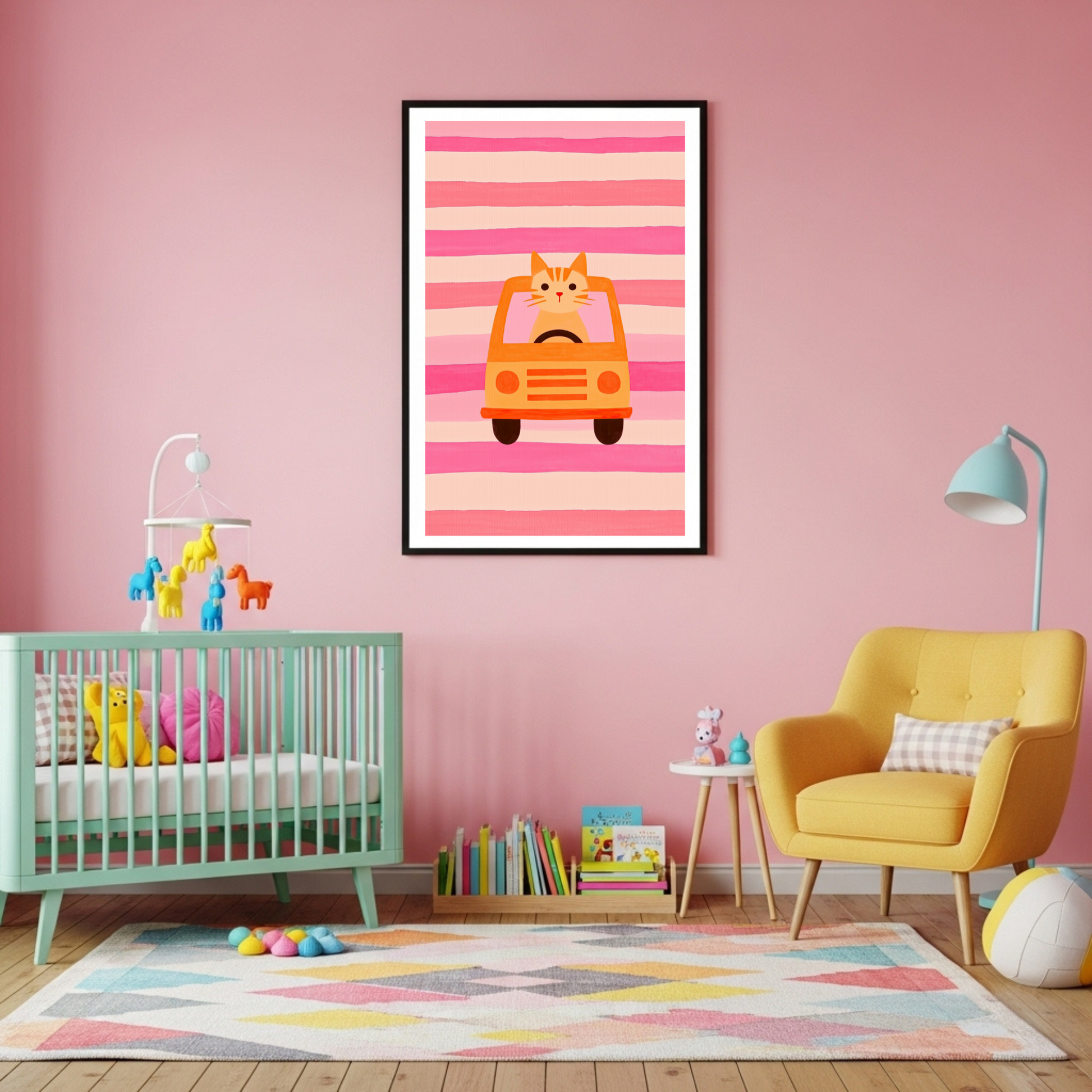 Charming Cat in Car Art Print - Playful Pink & Orange Nursery Decor Poster in Multiple Sizes
